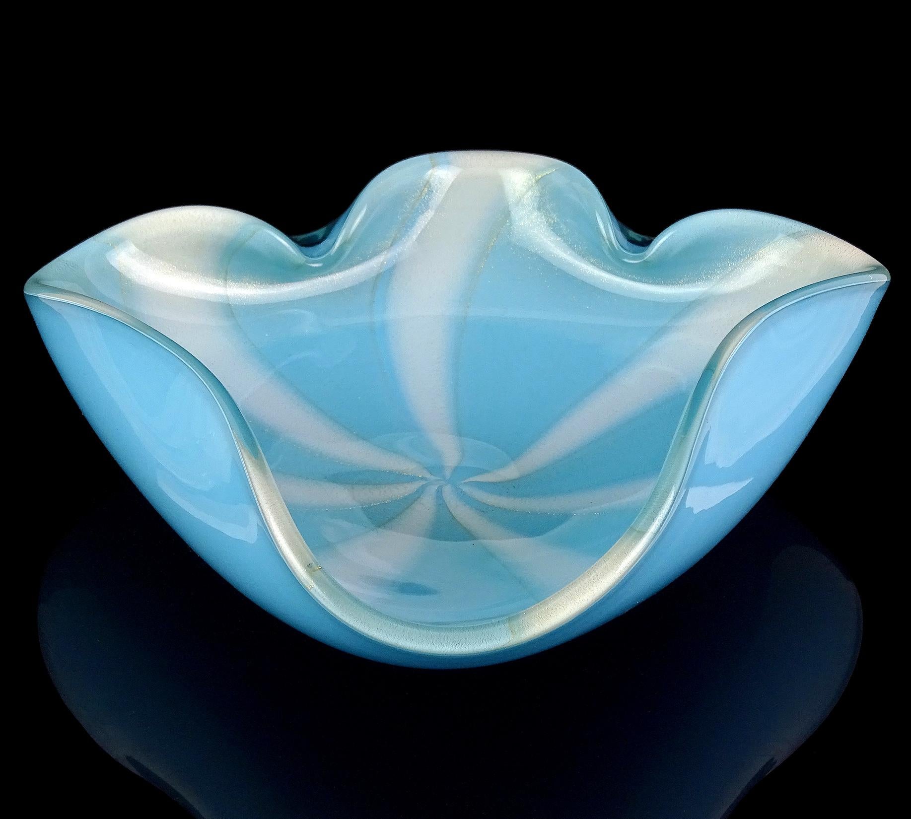 Hand-Crafted Barbini Murano White Blue Gold Flecks Stripes Italian Art Glass Centerpiece Bowl