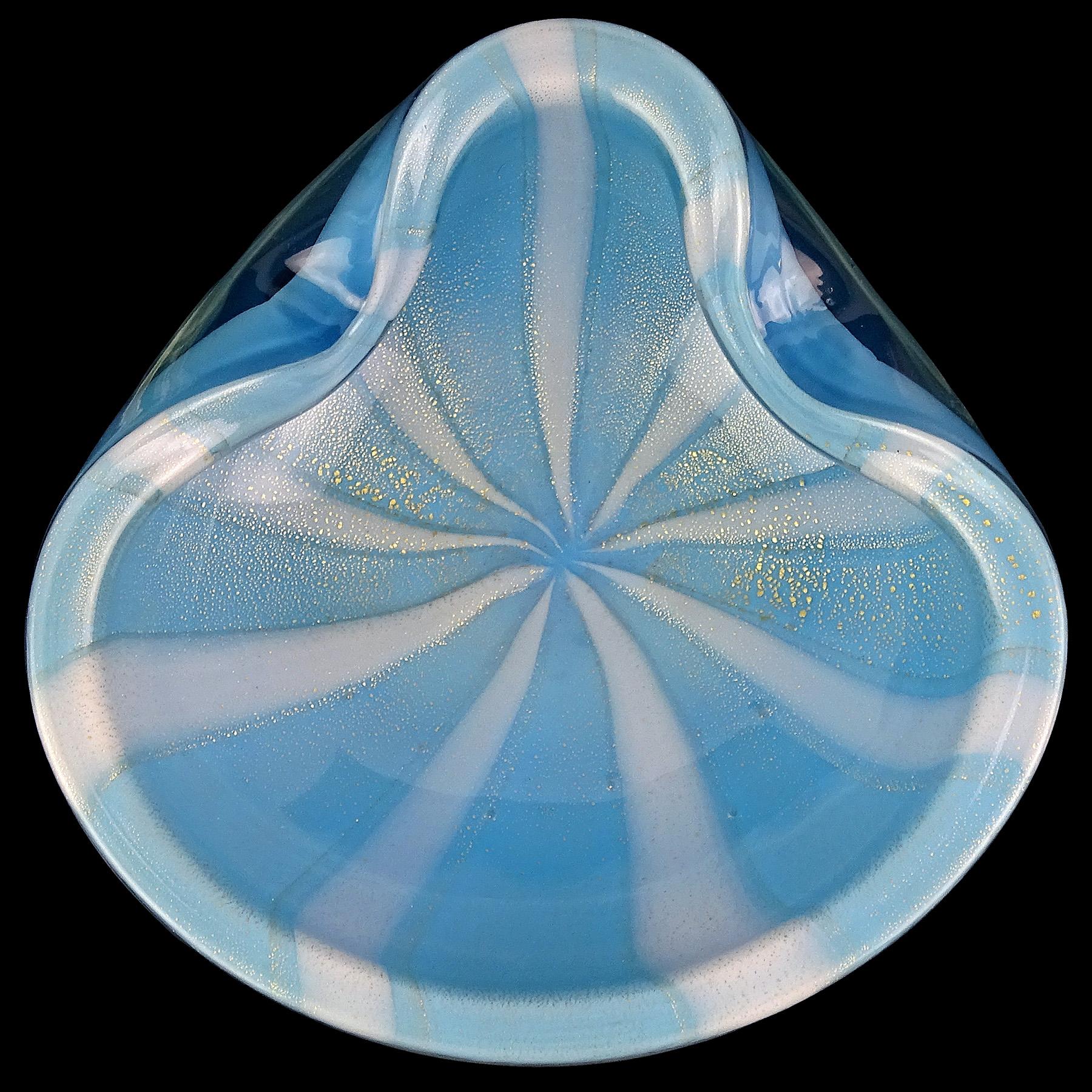Beautiful vintage Murano hand blown sky blue, white stripes and gold flecks Italian art glass decorative bowl. Documented to Master glass artist and designer Alfredo Barbini, circa 1950s. Published in his catalog. The bowl has 2 folded areas on the