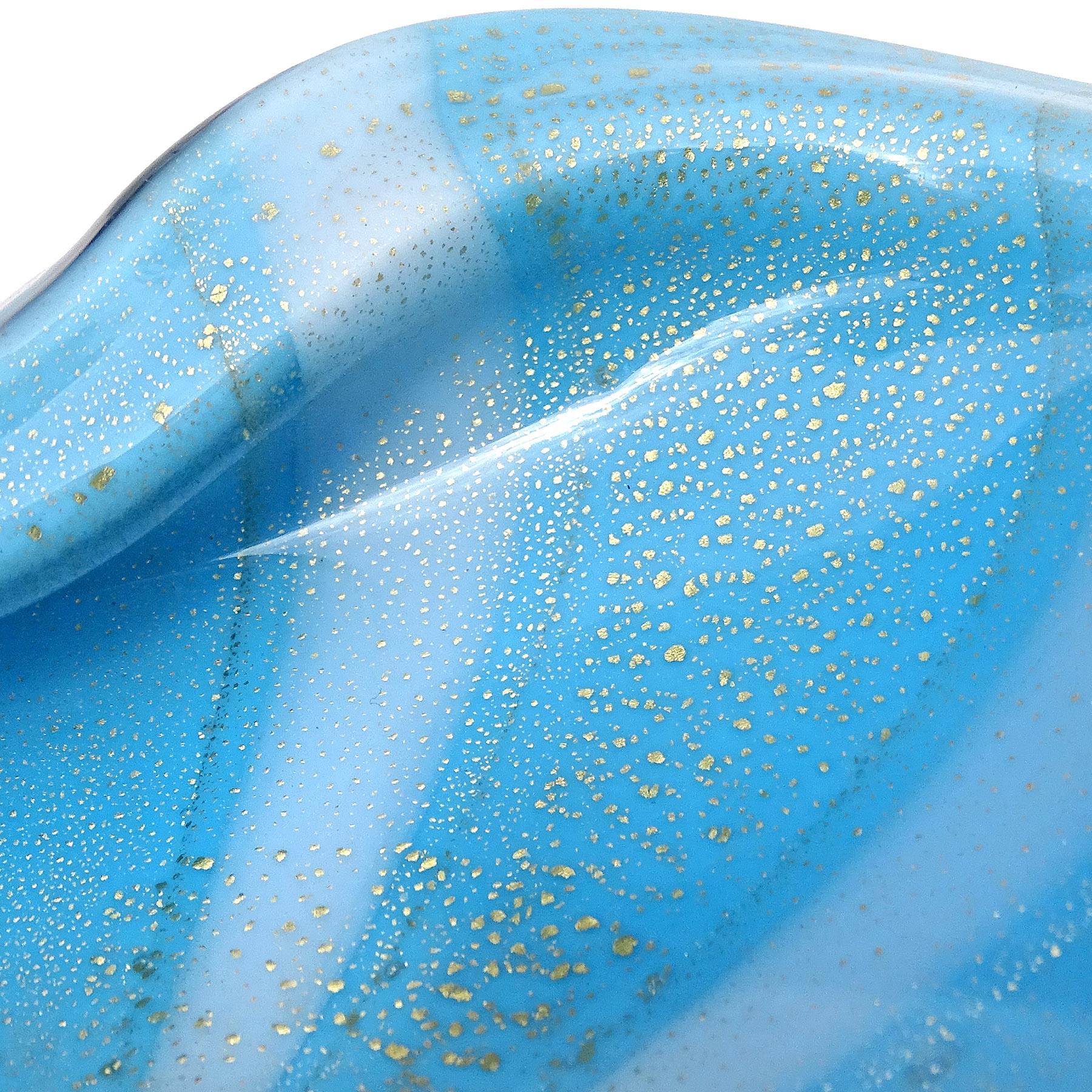 20th Century Barbini Murano White Blue Gold Flecks Stripes Italian Art Glass Decorative Bowl For Sale