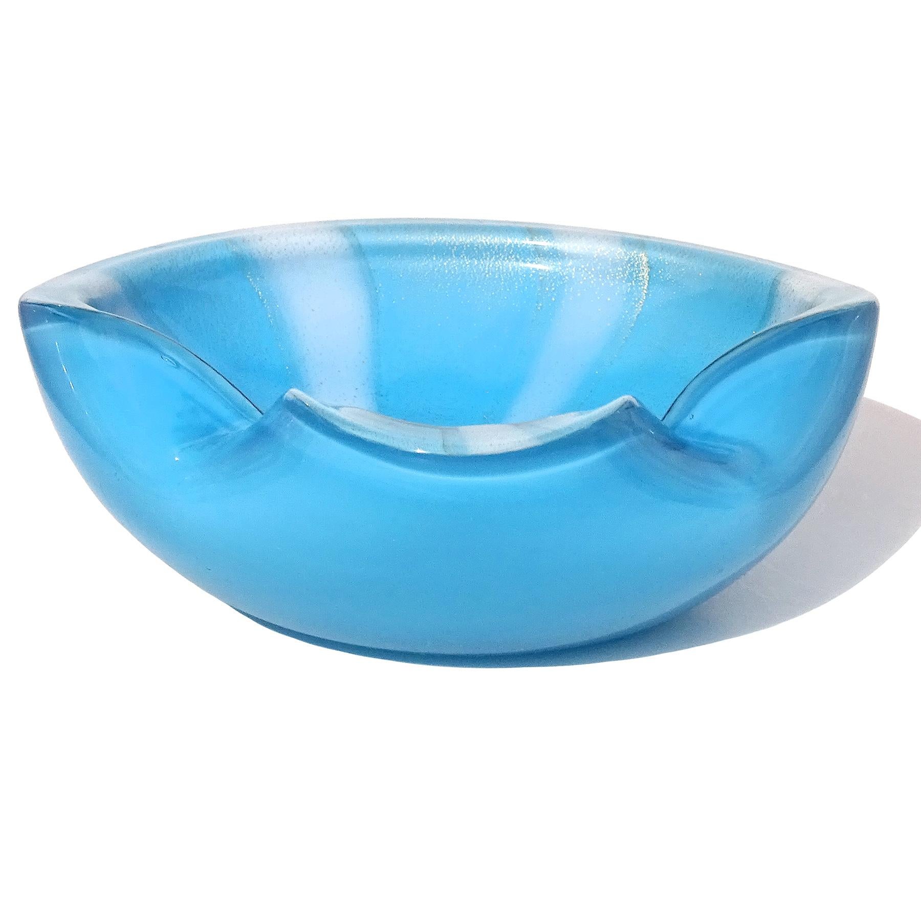 Barbini Murano White Blue Gold Flecks Stripes Italian Art Glass Decorative Bowl For Sale 1