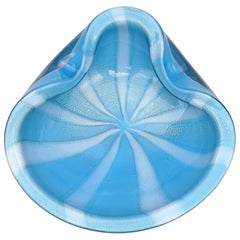 Ciotola decorativa in vetro Art Decor di Barbini Murano, bianco, blu, oro, a strisce.
