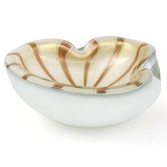 Barbini Murano White Gold Flecks Aventurine Stripes Italian Art Glass Bowl