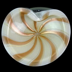 Barbini Murano White Gold Flecks Aventurine Stripes Italian Art Glass Bowl