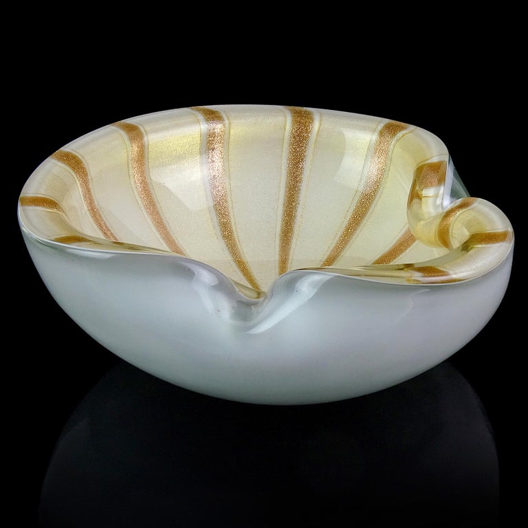 Mid-Century Modern Barbini Murano White Gold Flecks Aventurine Stripes Italian Art Glass Bowl For Sale