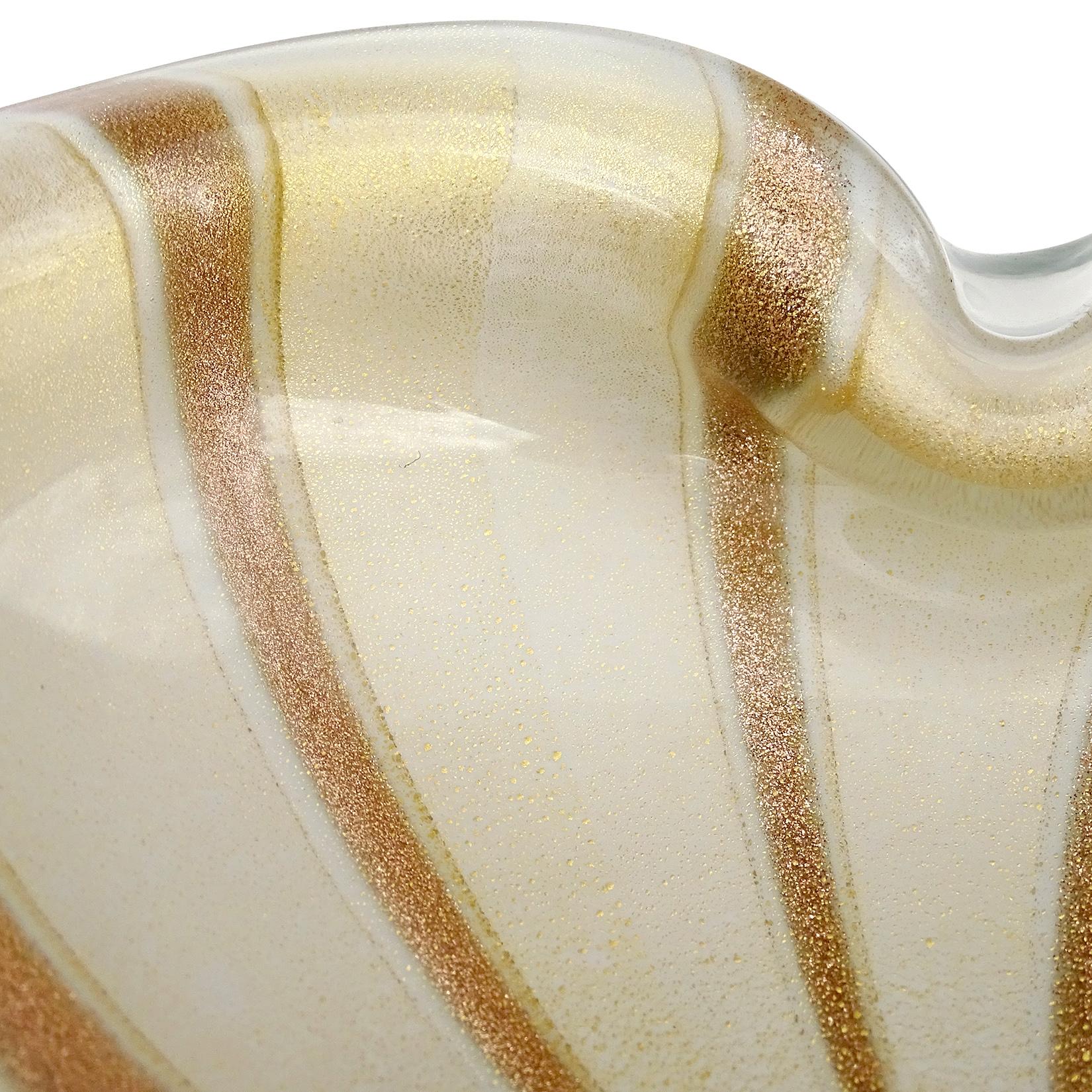 Barbini Murano White Gold Flecks Aventurine Stripes Italian Art Glass Bowl In Good Condition In Kissimmee, FL