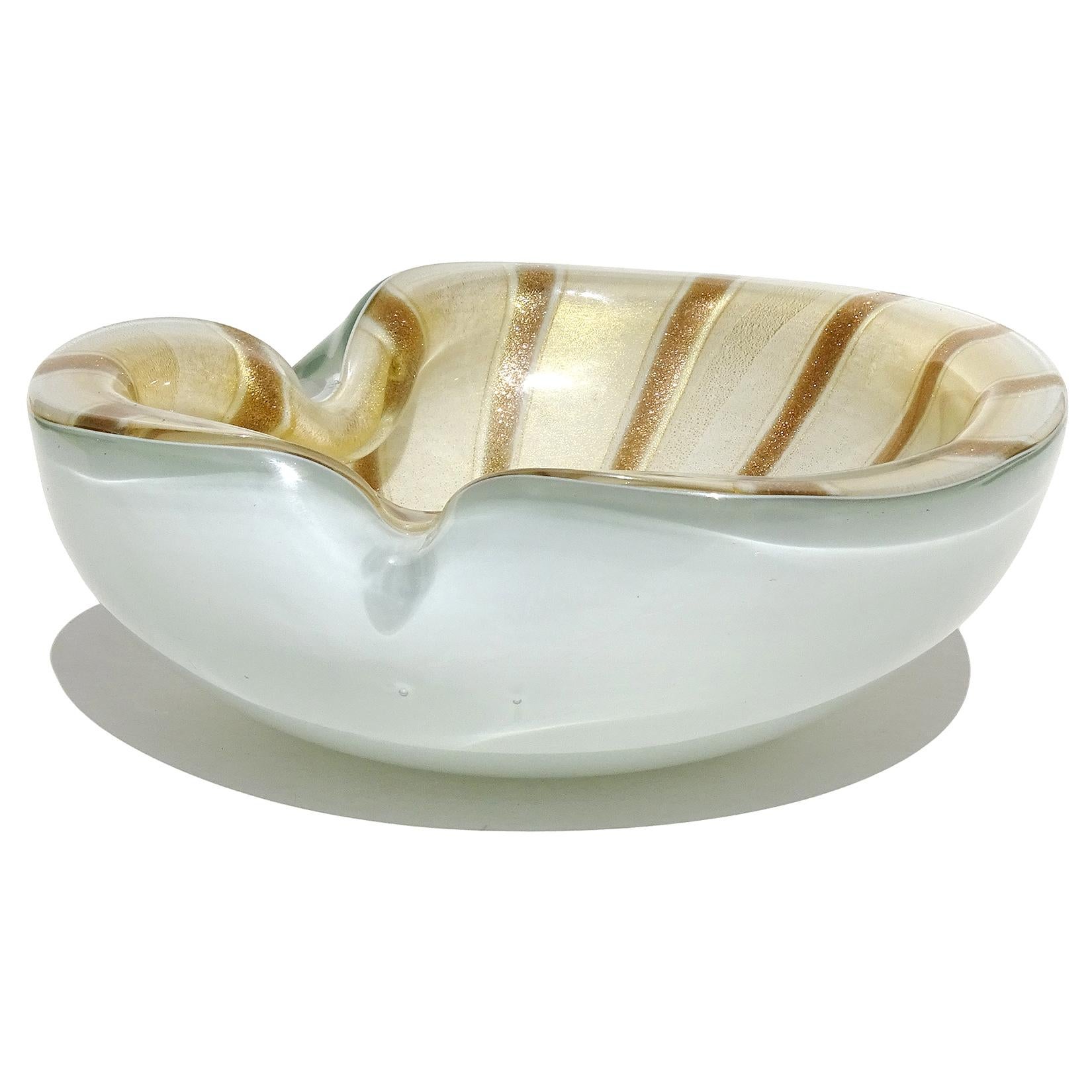 20th Century Barbini Murano White Gold Flecks Aventurine Stripes Italian Art Glass Bowl