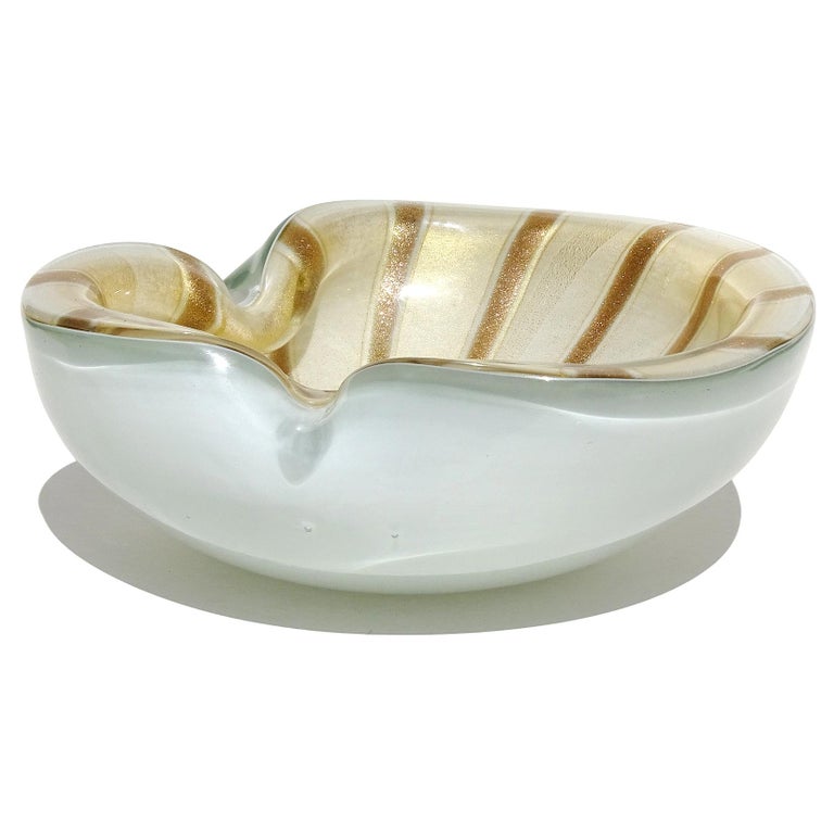 20th Century Barbini Murano White Gold Flecks Aventurine Stripes Italian Art Glass Bowl For Sale