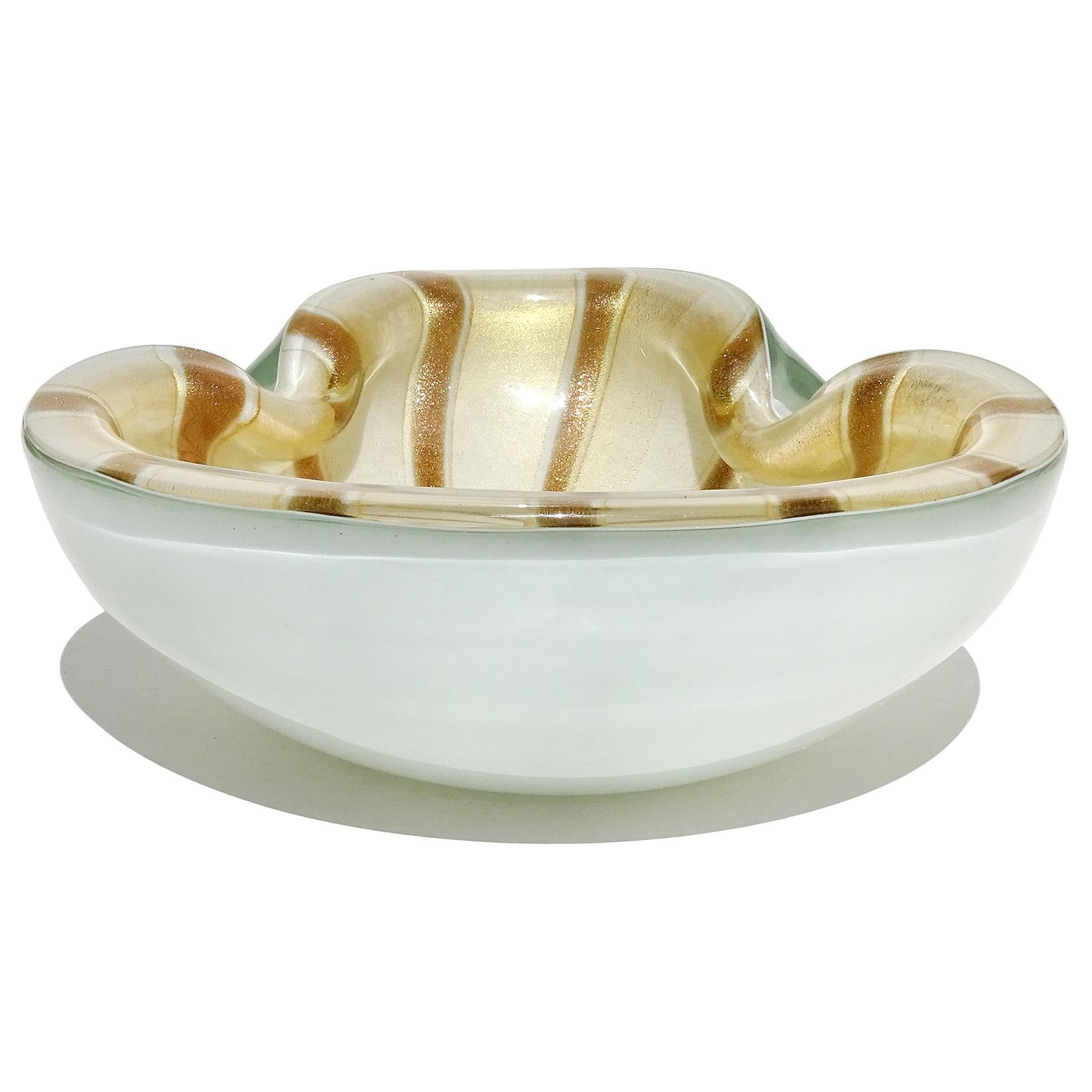 Barbini Murano White Gold Flecks Aventurine Stripes Italian Art Glass Bowl 1