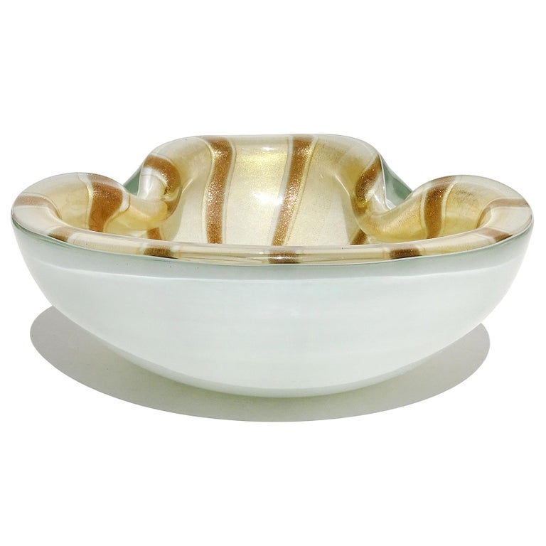 Barbini Murano White Gold Flecks Aventurine Stripes Italian Art Glass Bowl For Sale 1