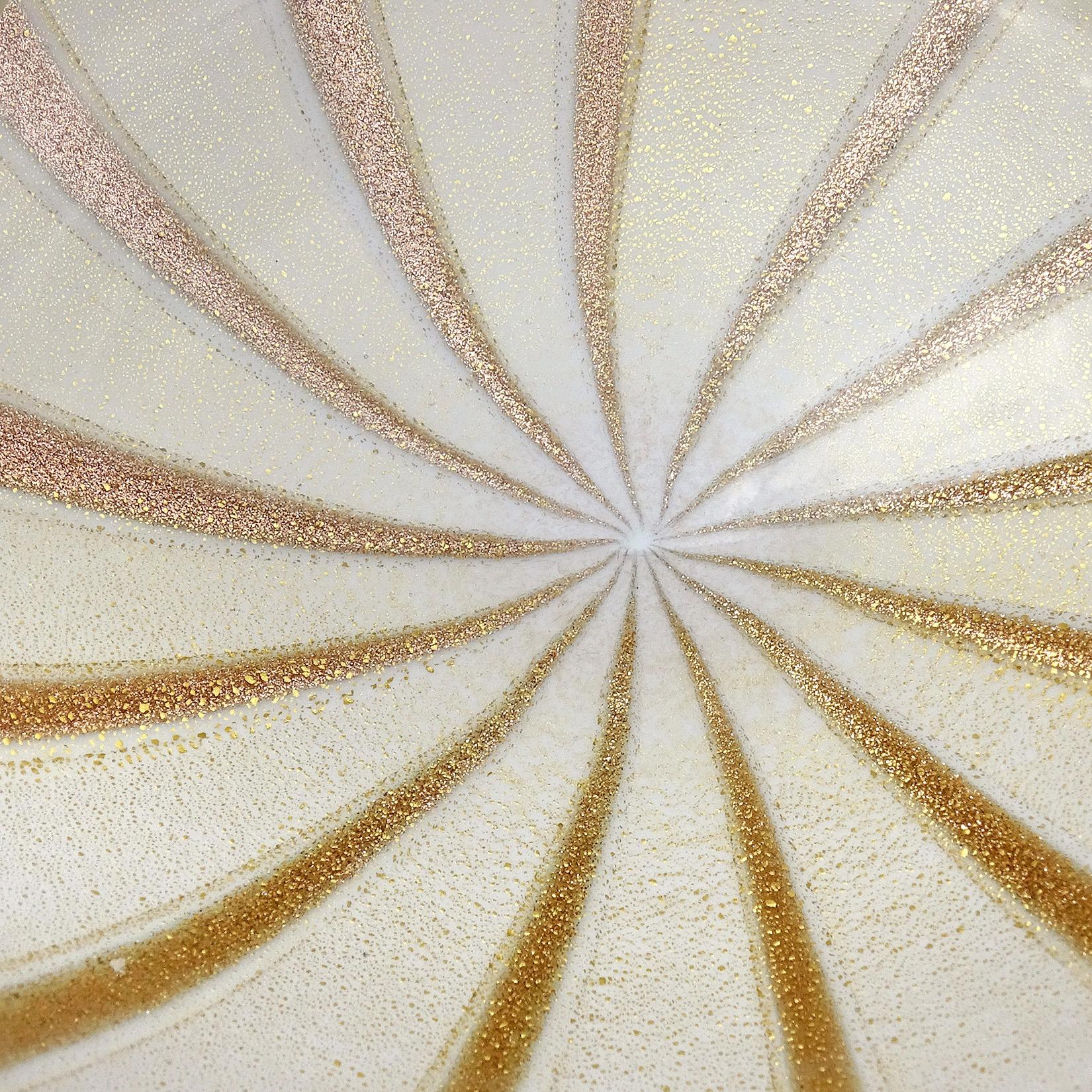 Barbini Murano White Gold Flecks Aventurine Stripes Italian Art Glass Bowl 2