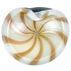 Barbini Murano White Gold Flecks Aventurine Stripes Italian Art Glass Bowl