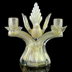 Barbini Murano White Gold Flecks Italian Art Glass Bird Double Candlestick