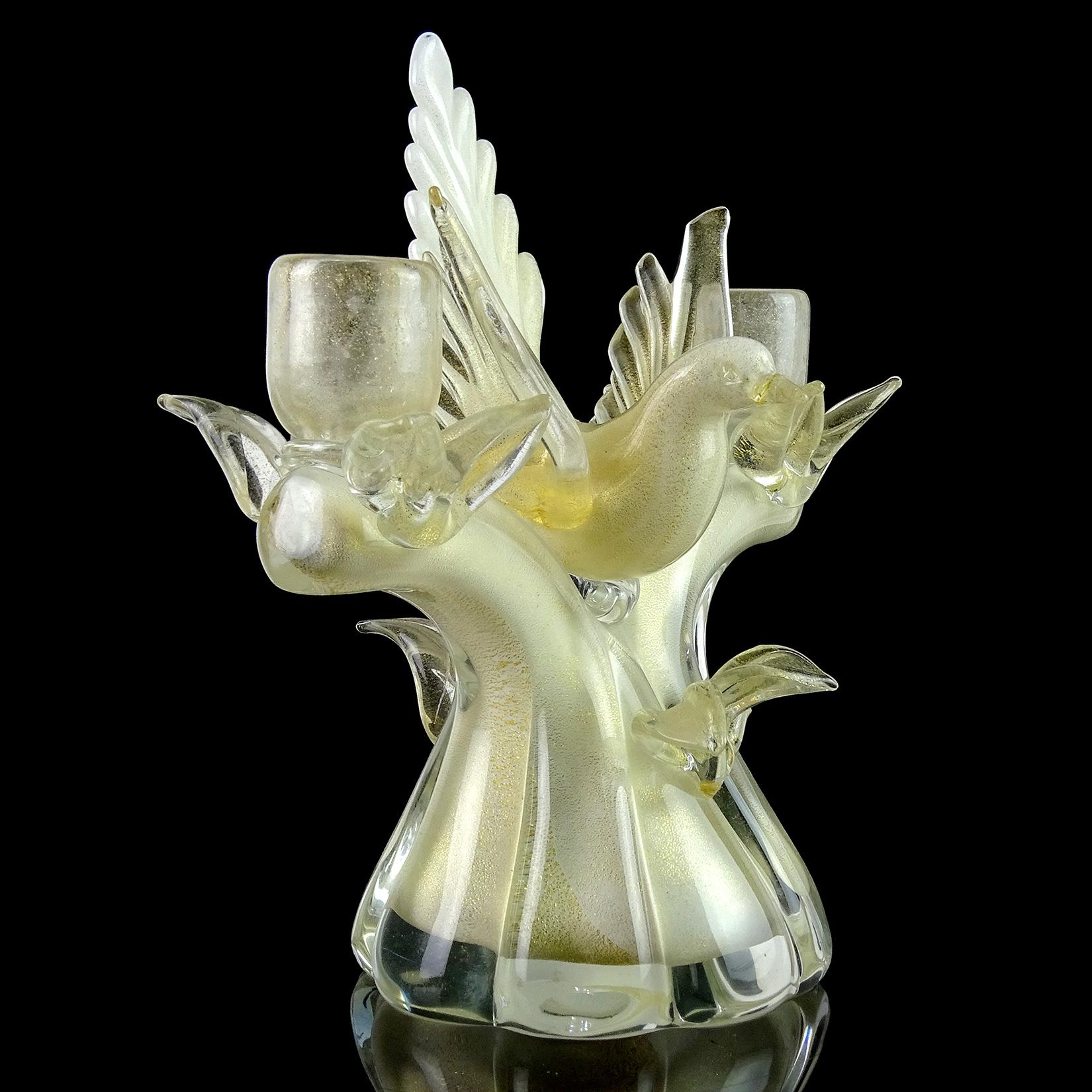 Mid-Century Modern Barbini Murano White Gold Flecks Italian Art Glass Bird Double Candlestick