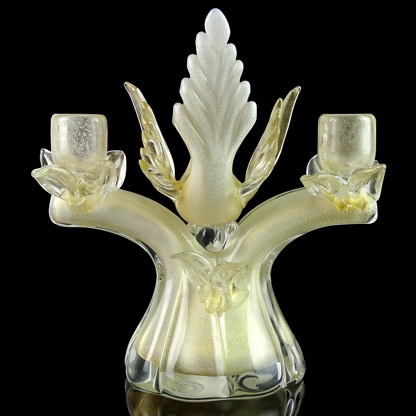 Hand-Crafted Barbini Murano White Gold Flecks Italian Art Glass Bird Double Candlestick