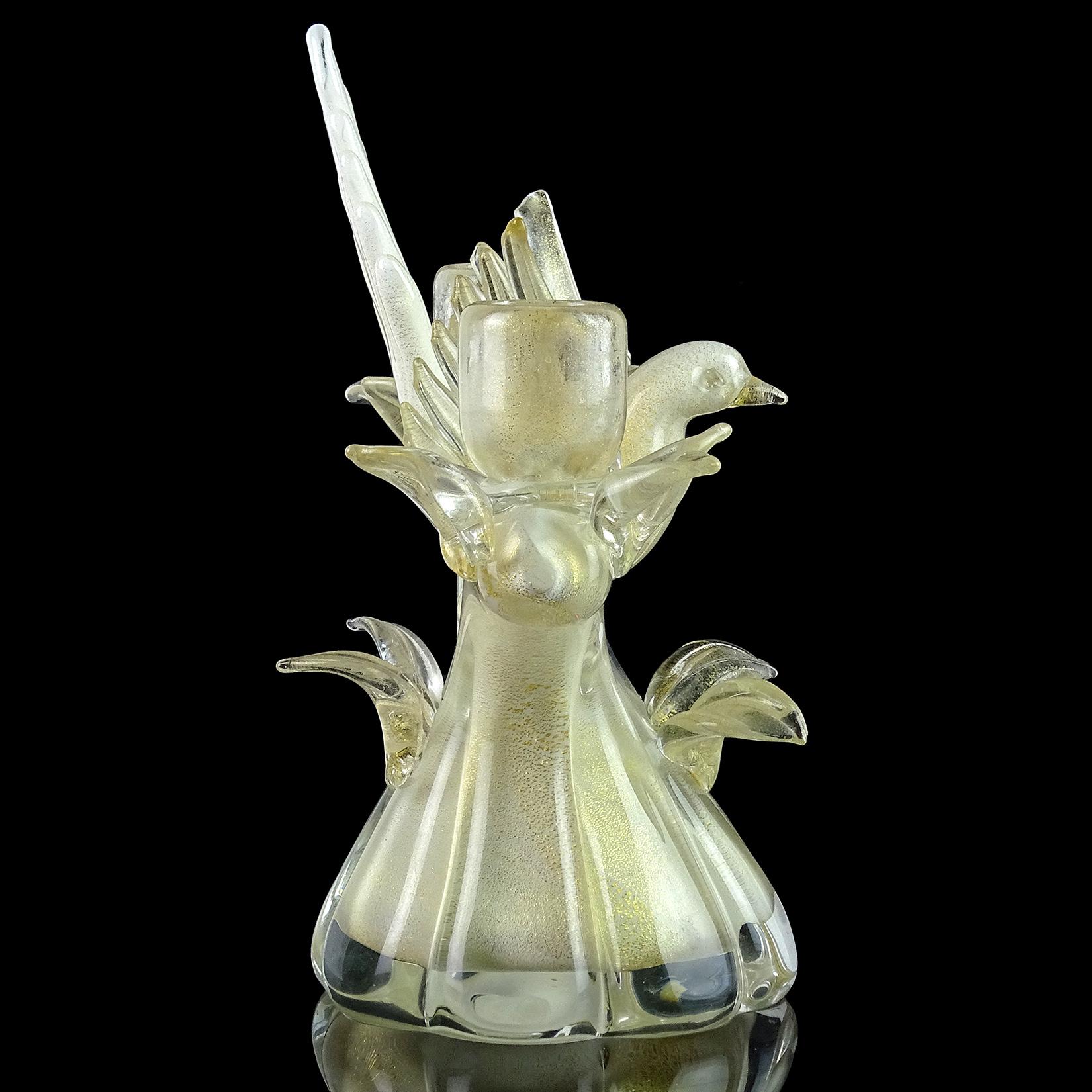 Barbini Murano White Gold Flecks Italian Art Glass Bird Double Candlestick In Good Condition In Kissimmee, FL