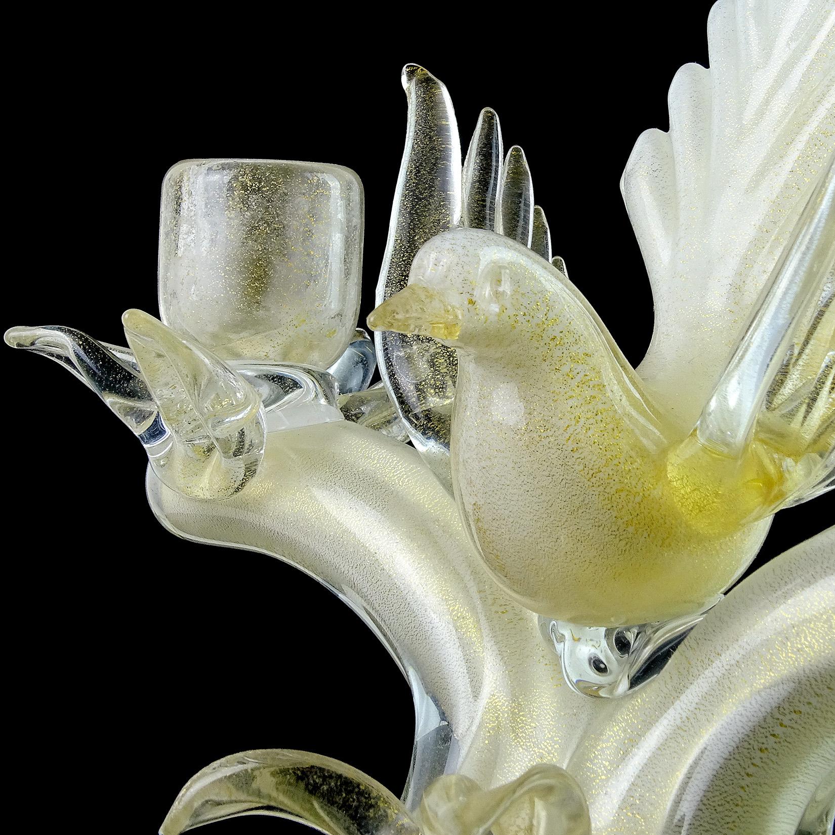 20th Century Barbini Murano White Gold Flecks Italian Art Glass Bird Double Candlestick