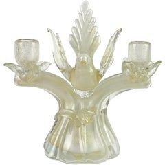 Barbini Murano White Gold Flecks Italian Art Glass Bird Double Candlestick