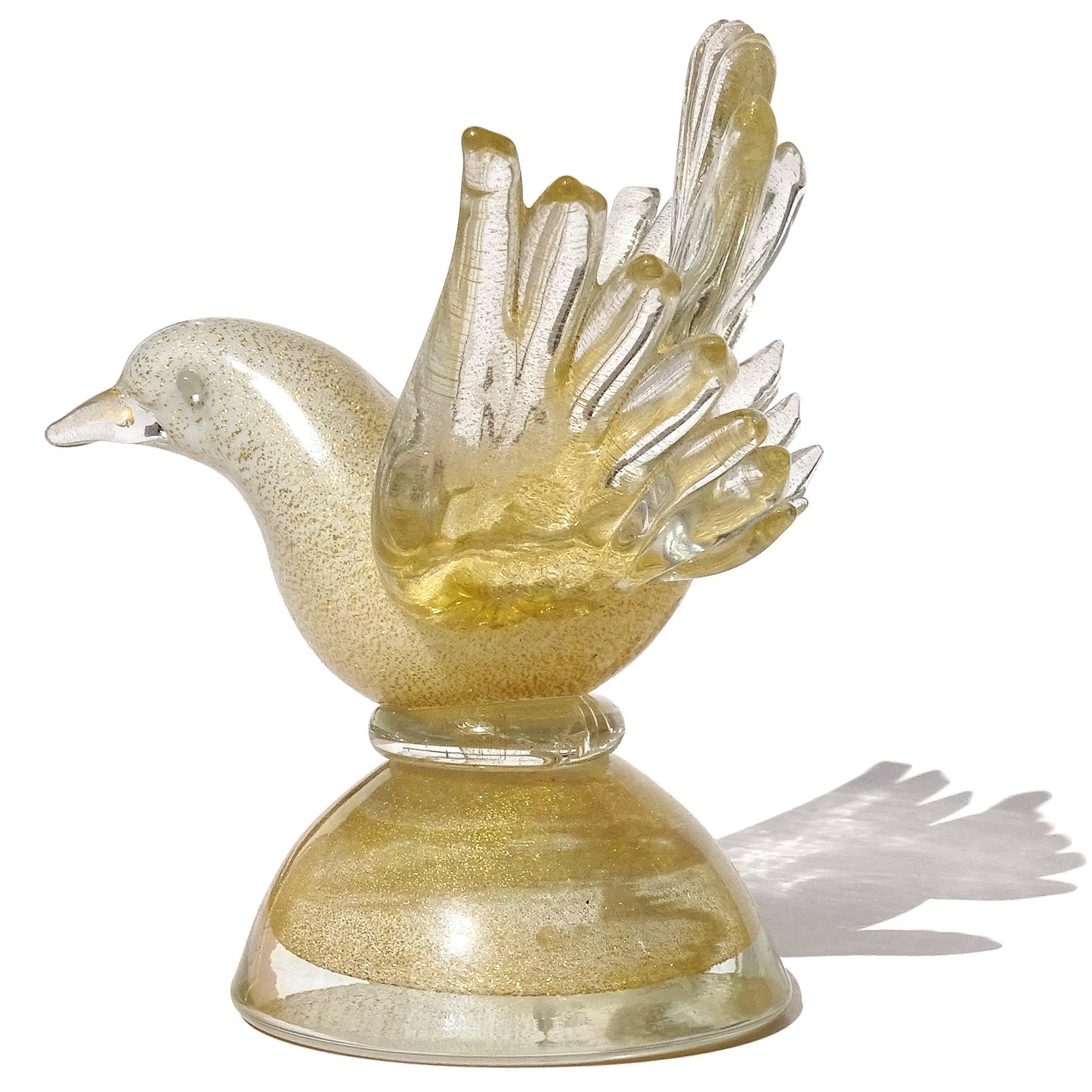 Mid-Century Modern Barbini Murano Verre d'Art Italien Figurine Oiseau Presse-papier moucheté d'or blanc en vente