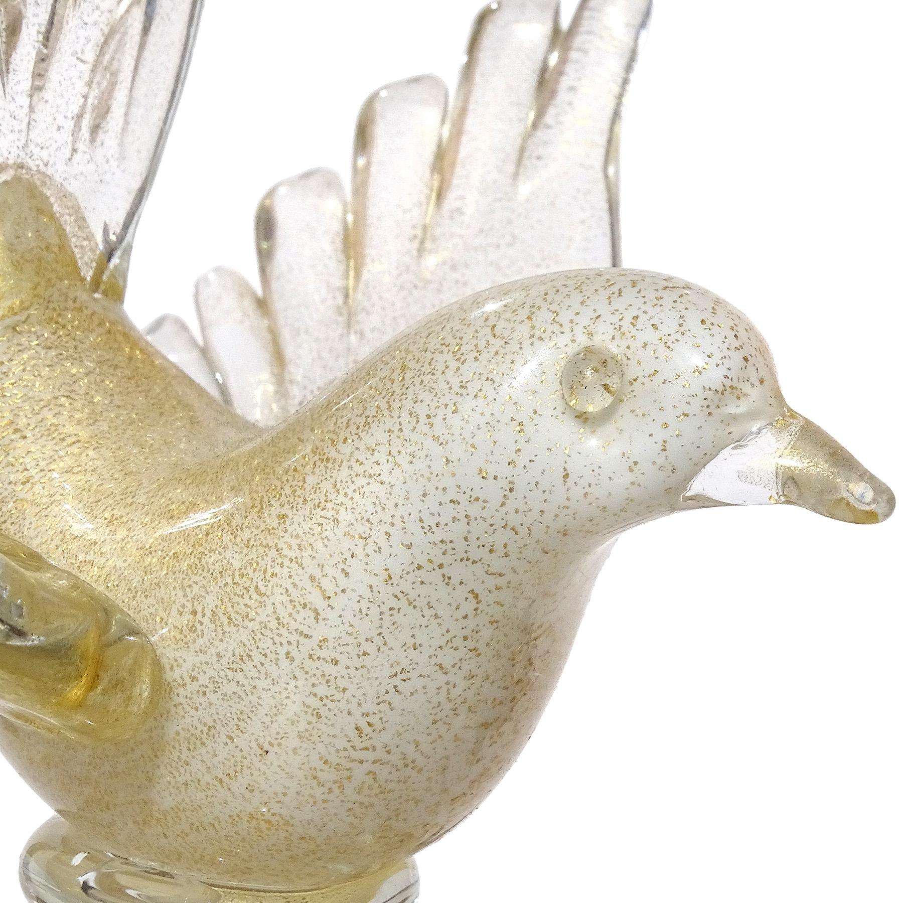 Hand-Crafted Barbini Murano White Gold Flecks Italian Art Glass Bird Figurine Paperweight For Sale