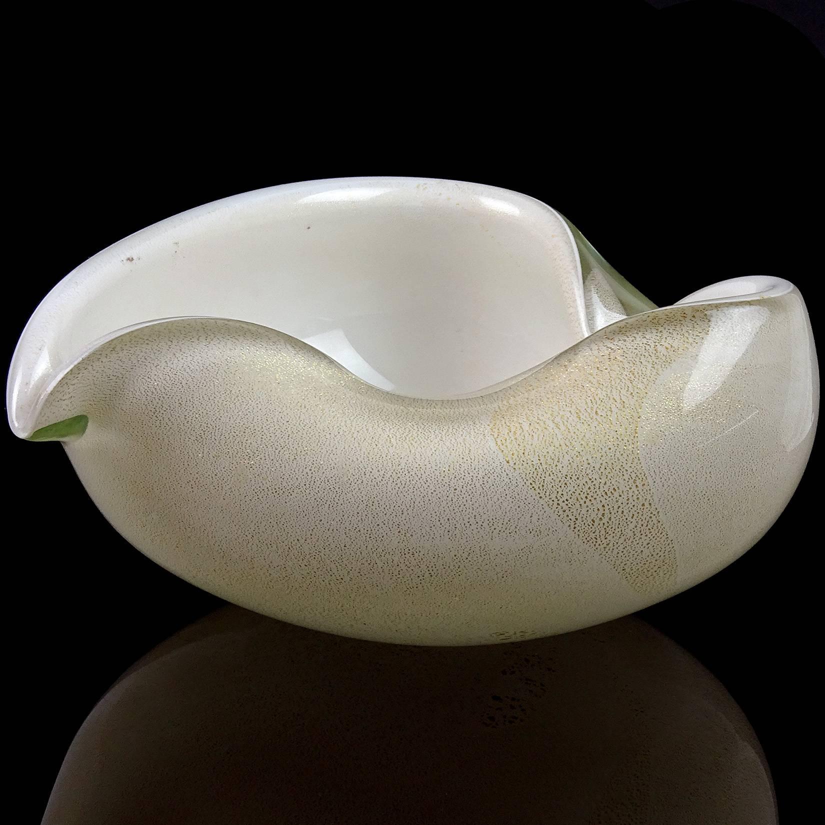 Beautiful Murano hand blown white with gold flecks Italian art glass heart shaped bowl. Documented to designer Alfredo Barbini, with original label underneath 