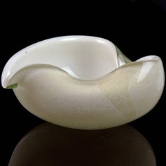 Barbini Murano Blanco Oro Moteado Vidrio Artístico Italiano Plato en Forma de Corazón