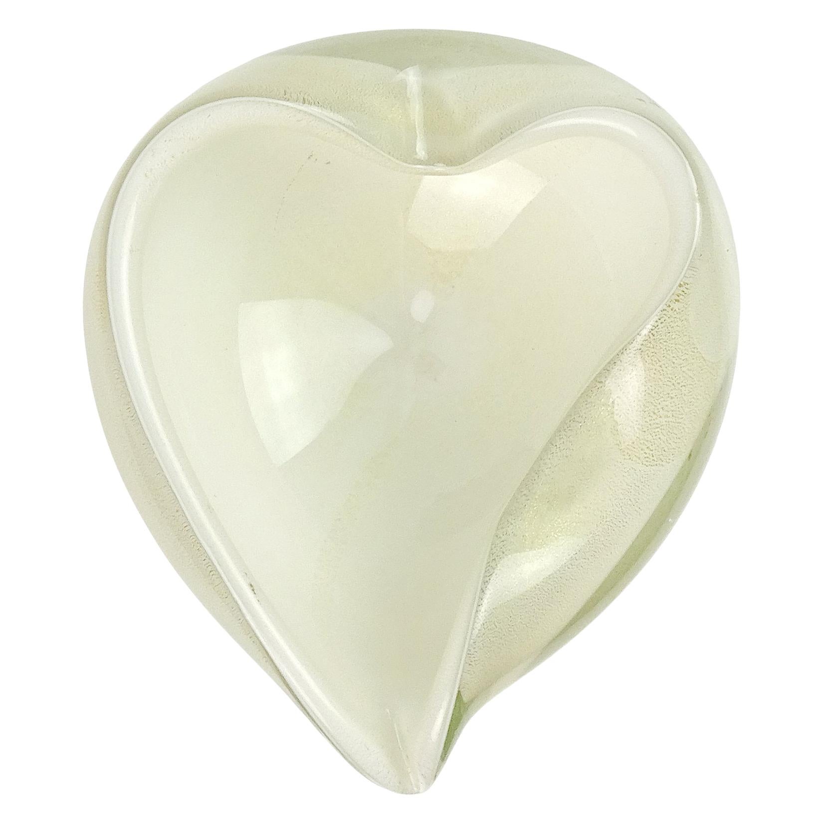 Barbini Murano White Gold Flecks Italian Art Glass Heart Shaped Bowl Dish