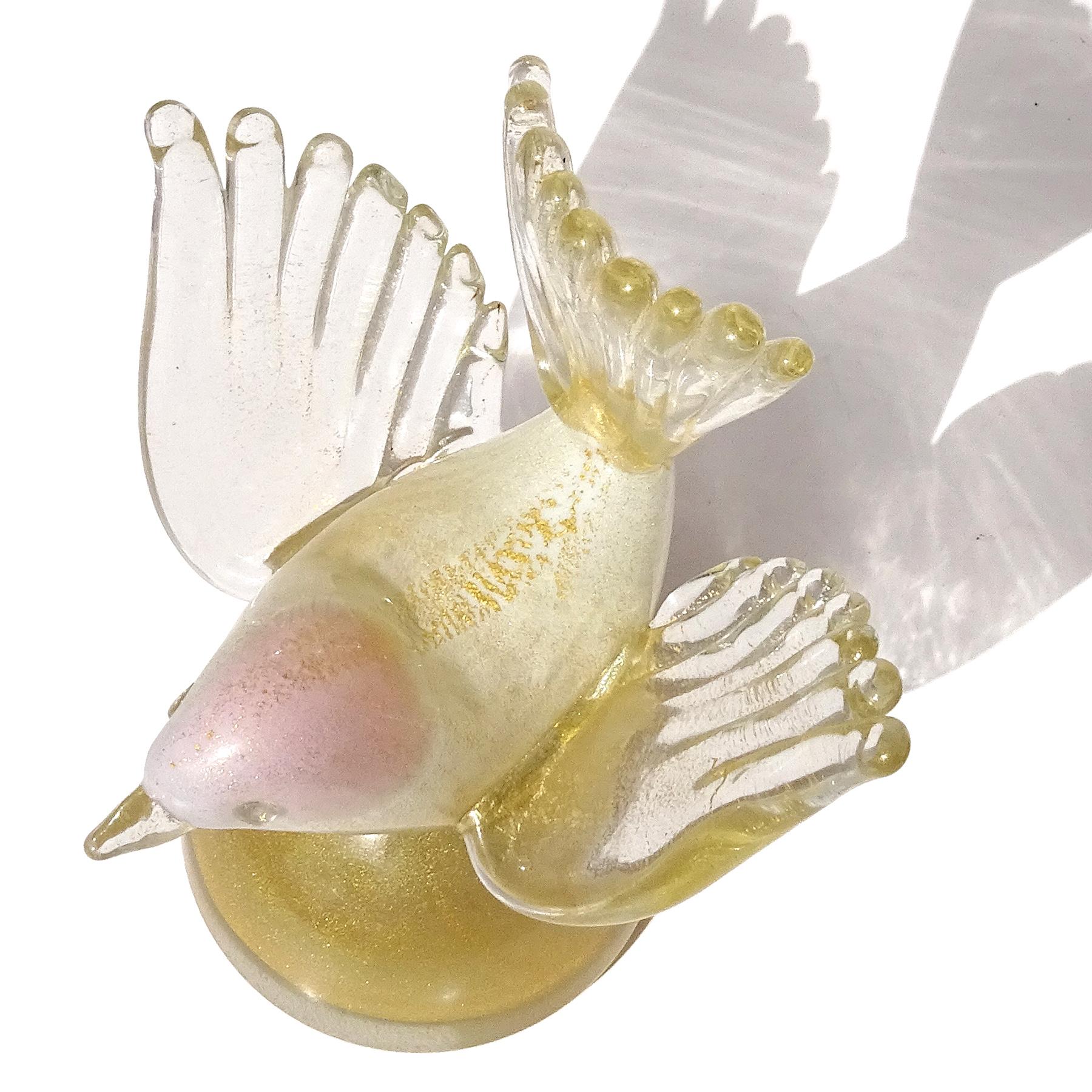Hand-Crafted Barbini Murano White Gold Flecks Pink Italian Art Glass Bird Figure Paperweight For Sale