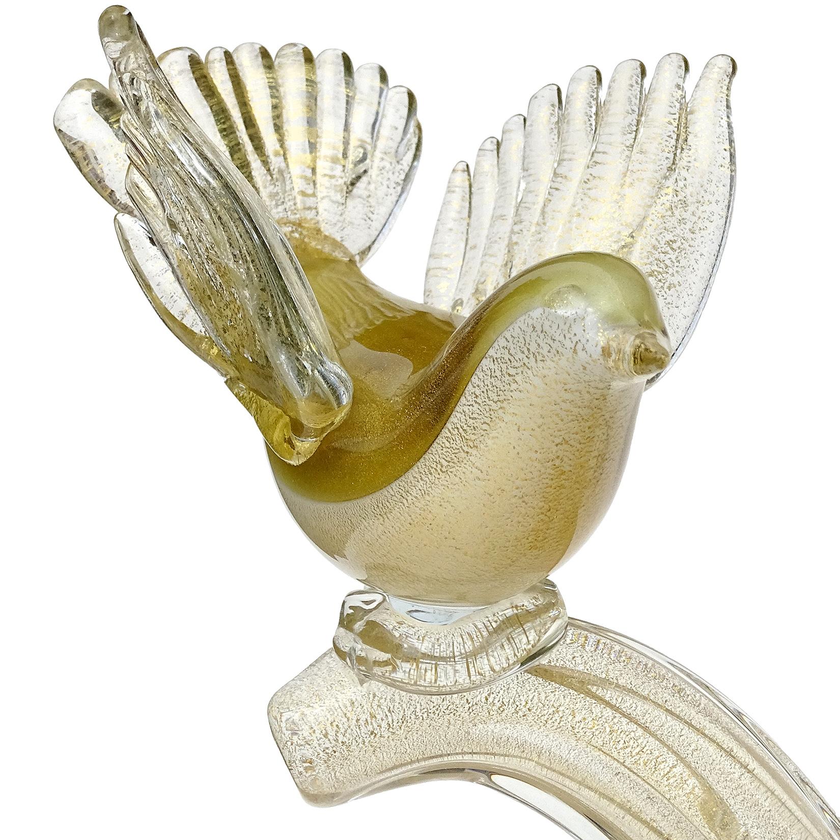 Mid-Century Modern Barbini Murano White Olive Green Gold Flecks Italian Art Glass Birds Sculpture For Sale