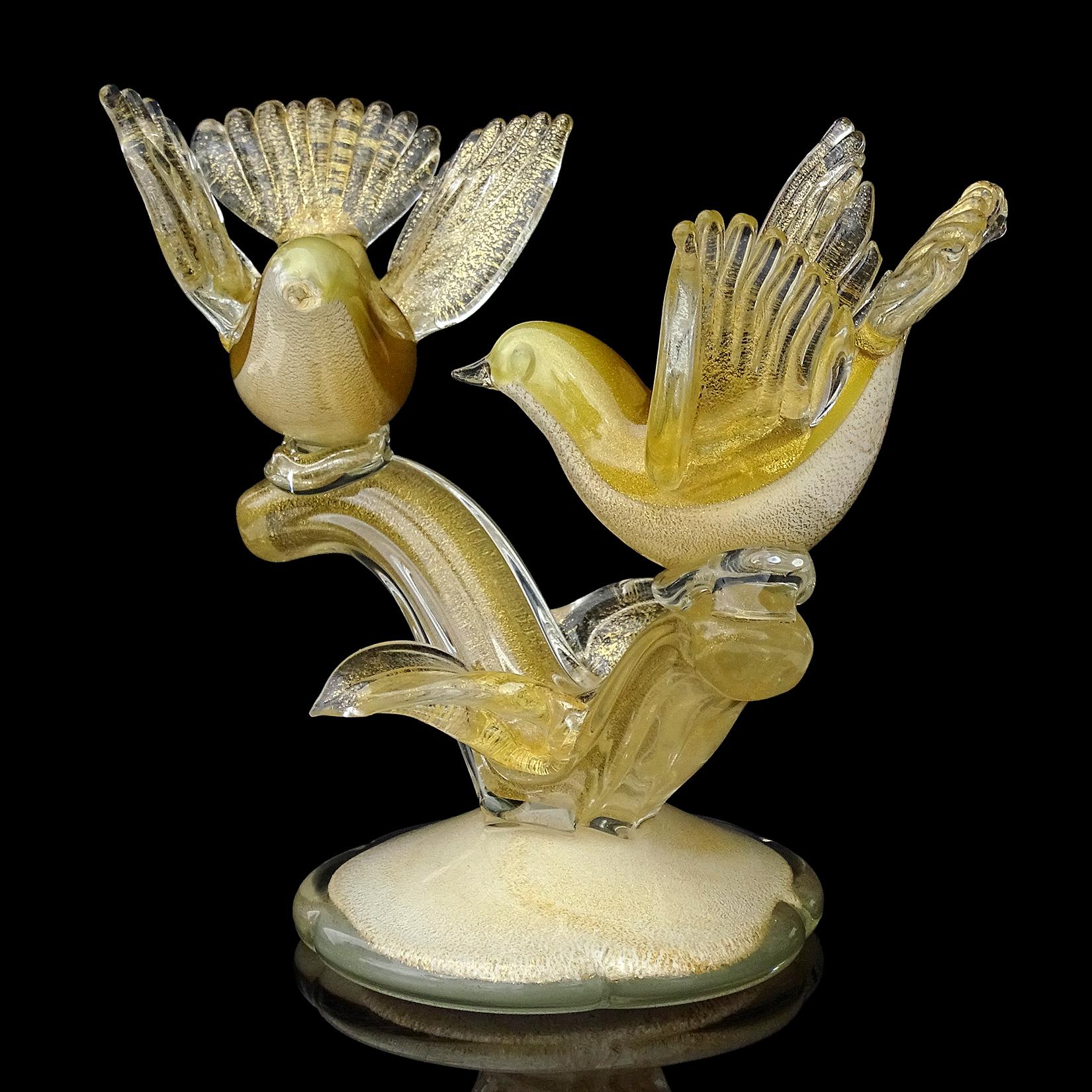 Hand-Crafted Barbini Murano White Olive Green Gold Flecks Italian Art Glass Birds Sculpture For Sale