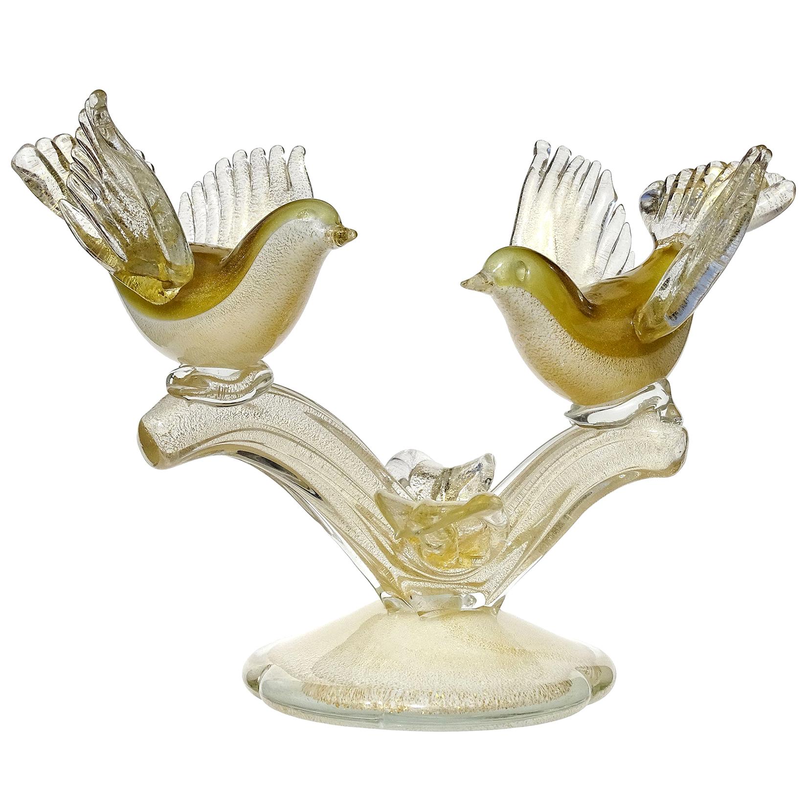 Barbini Murano White Olive Green Gold Flecks Italian Art Glass Birds Sculpture