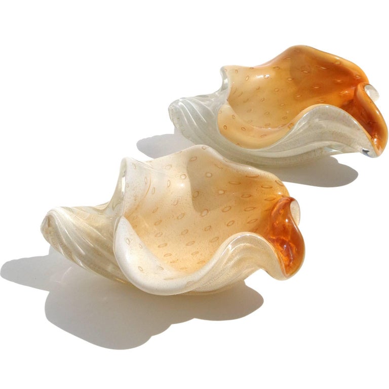 Mid-Century Modern Barbini Murano White Orange Gold Italian Art Glass Seashell Sculptures Bowls For Sale