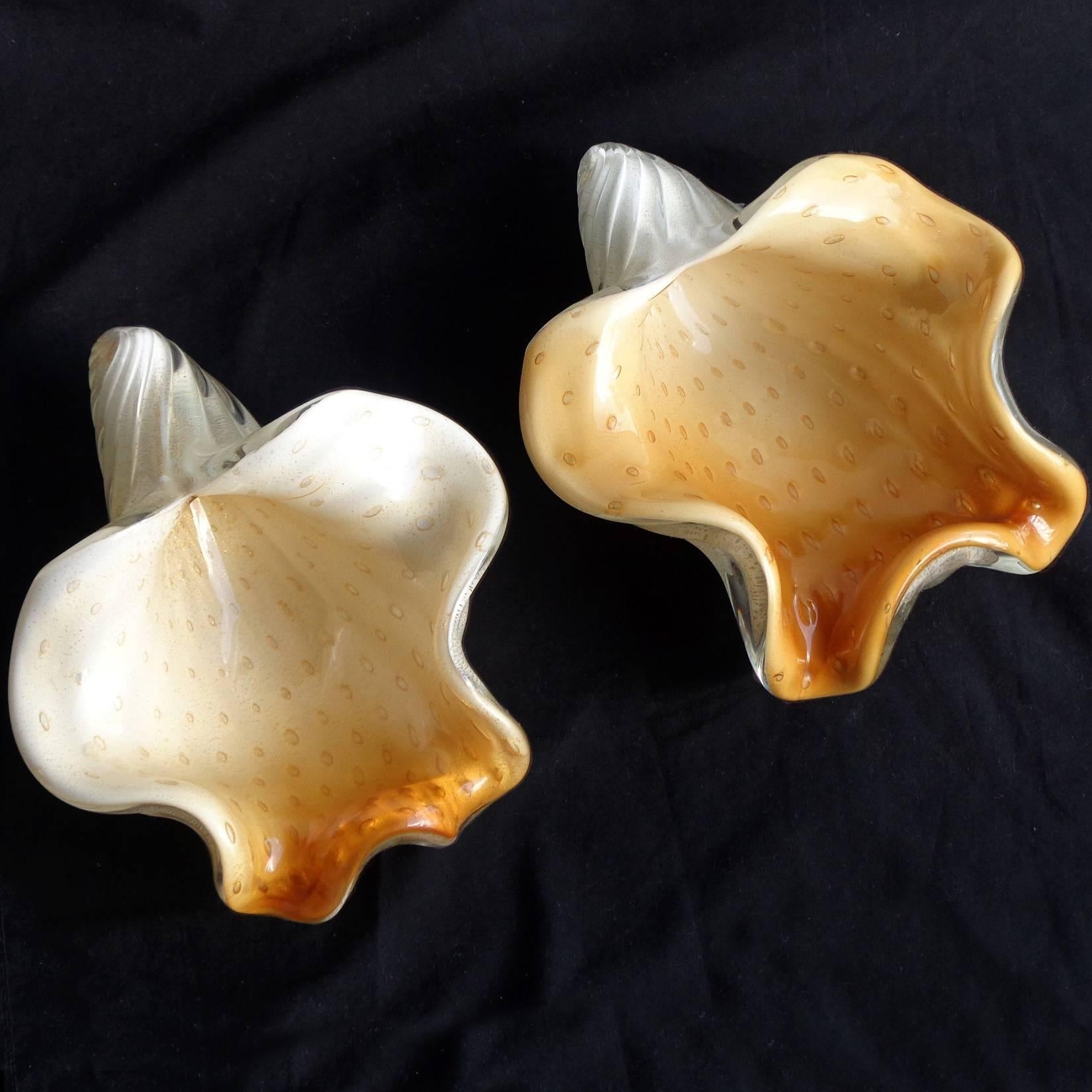 Hand-Crafted Barbini Murano White Orange Gold Italian Art Glass Seashell Sculptures Bowls For Sale