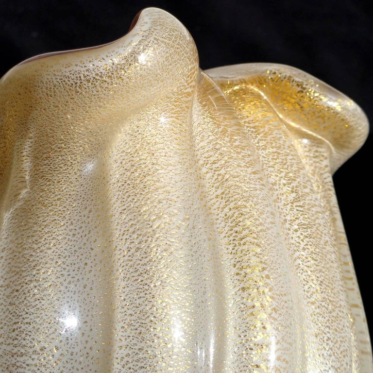 20th Century Barbini Murano White Orange Gold Italian Art Glass Seashell Sculptures Bowls For Sale