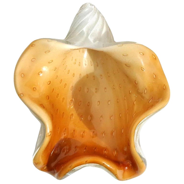Barbini Murano White Orange Gold Italian Art Glass Seashell Sculptures Bowls For Sale