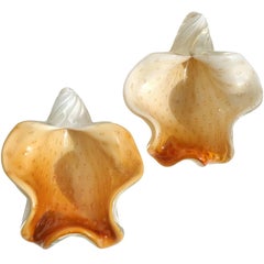 Barbini Murano White Orange Gold Leaf Italian Art Glass Seashell Sculptures Bowl