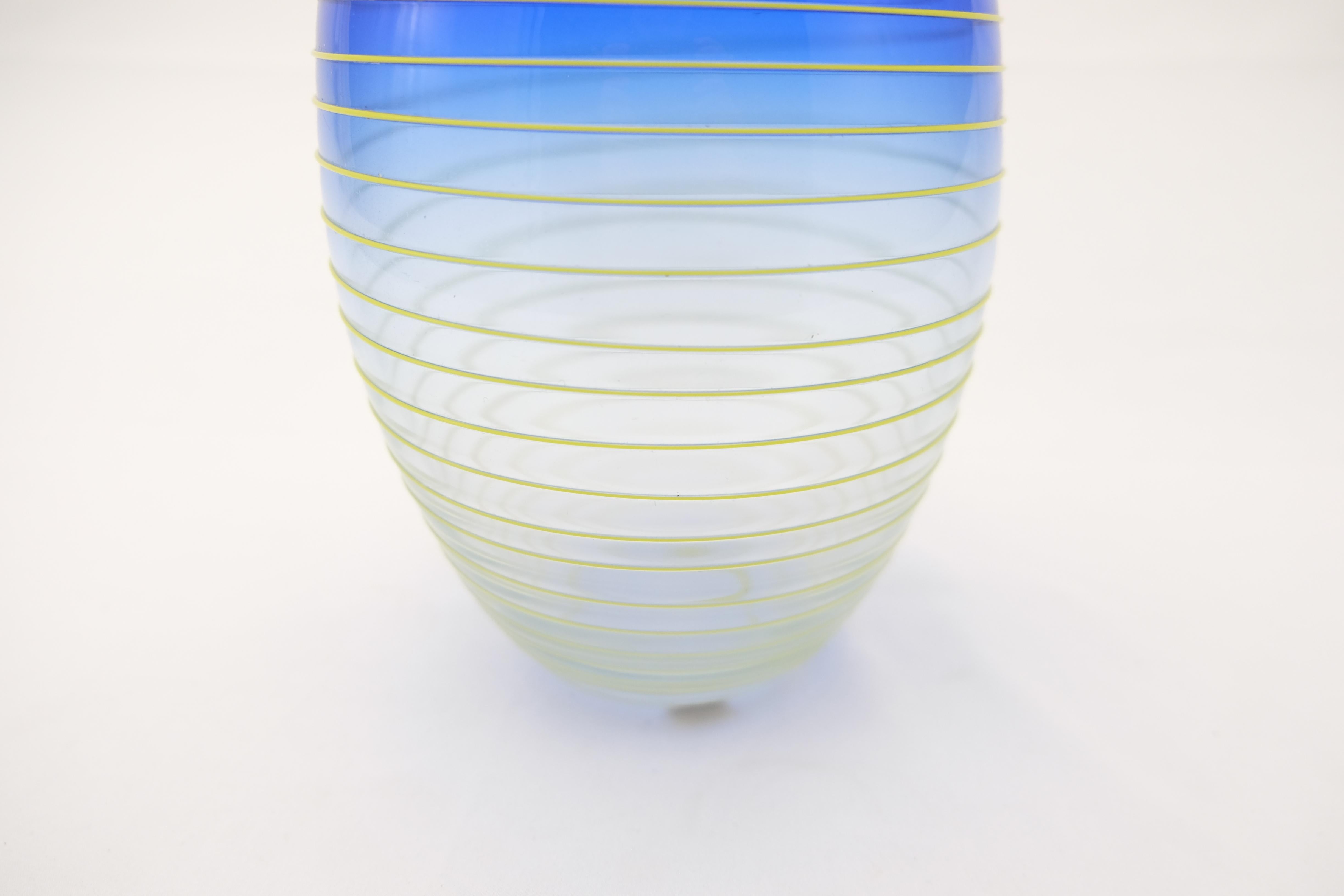 Barbini Murano Yellow and Blue Stripe Glass Vase Set Italy For Sale 3