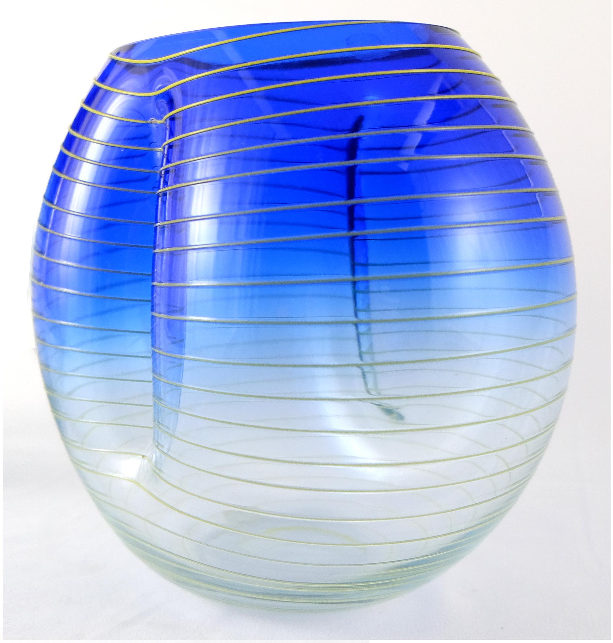 Italian Barbini Murano Yellow and Blue Stripe Glass Vase Set Italy For Sale