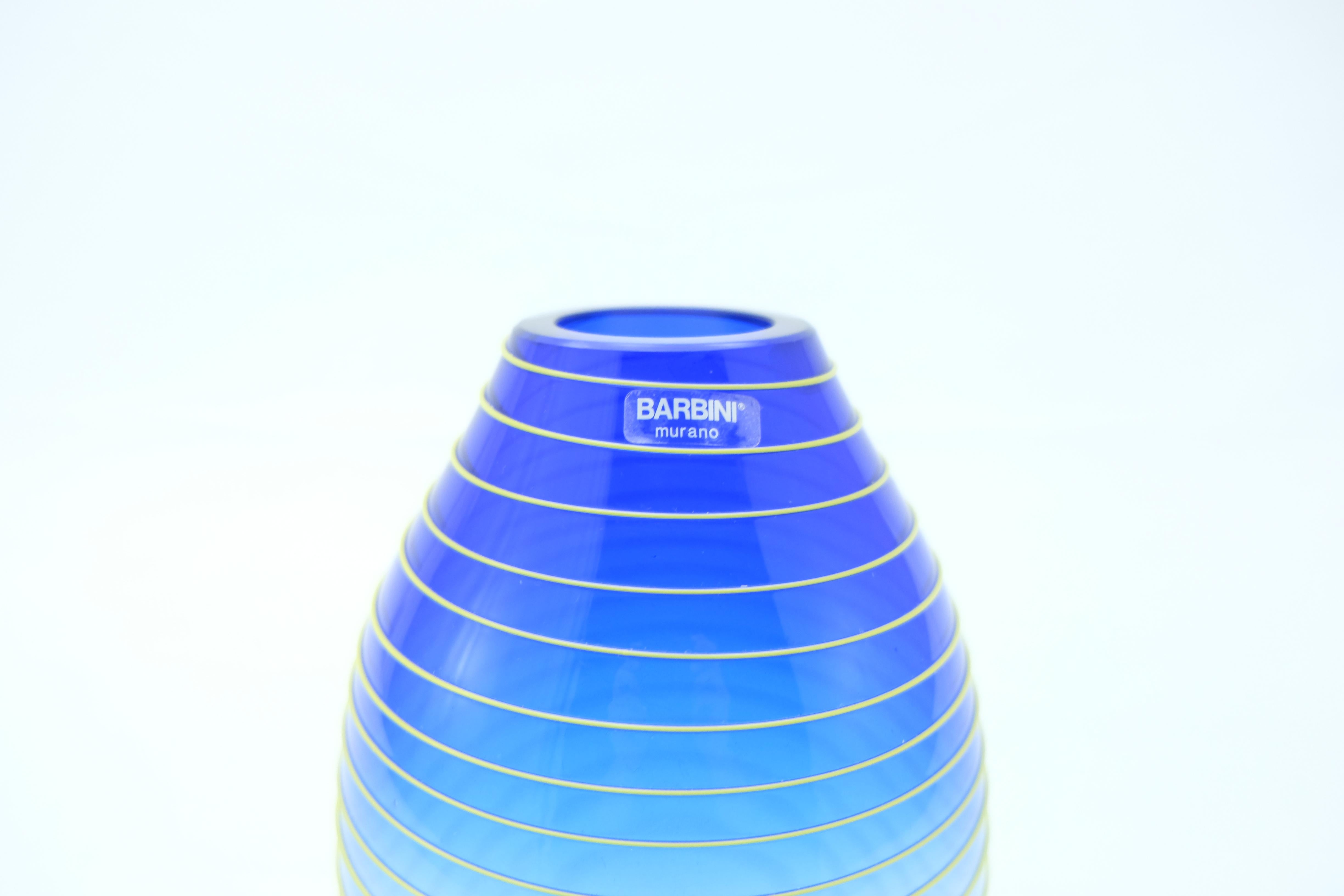 Barbini Murano Yellow and Blue Stripe Glass Vase Set Italy For Sale 2