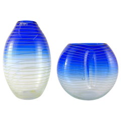 Barbini Murano Yellow and Blue Stripe Glass Vase Set Italy