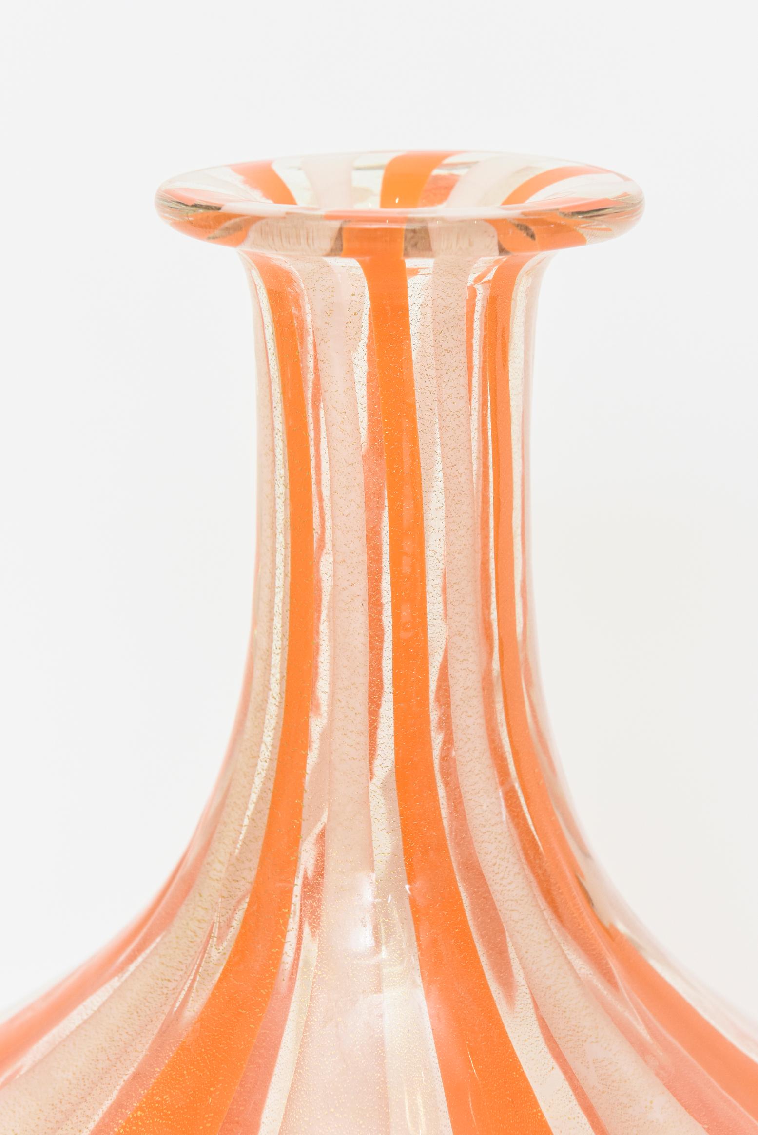 Italian Vintage Alfredo Barbini Orange, White Gold Aventurine Striped Vessel Bottle Vase