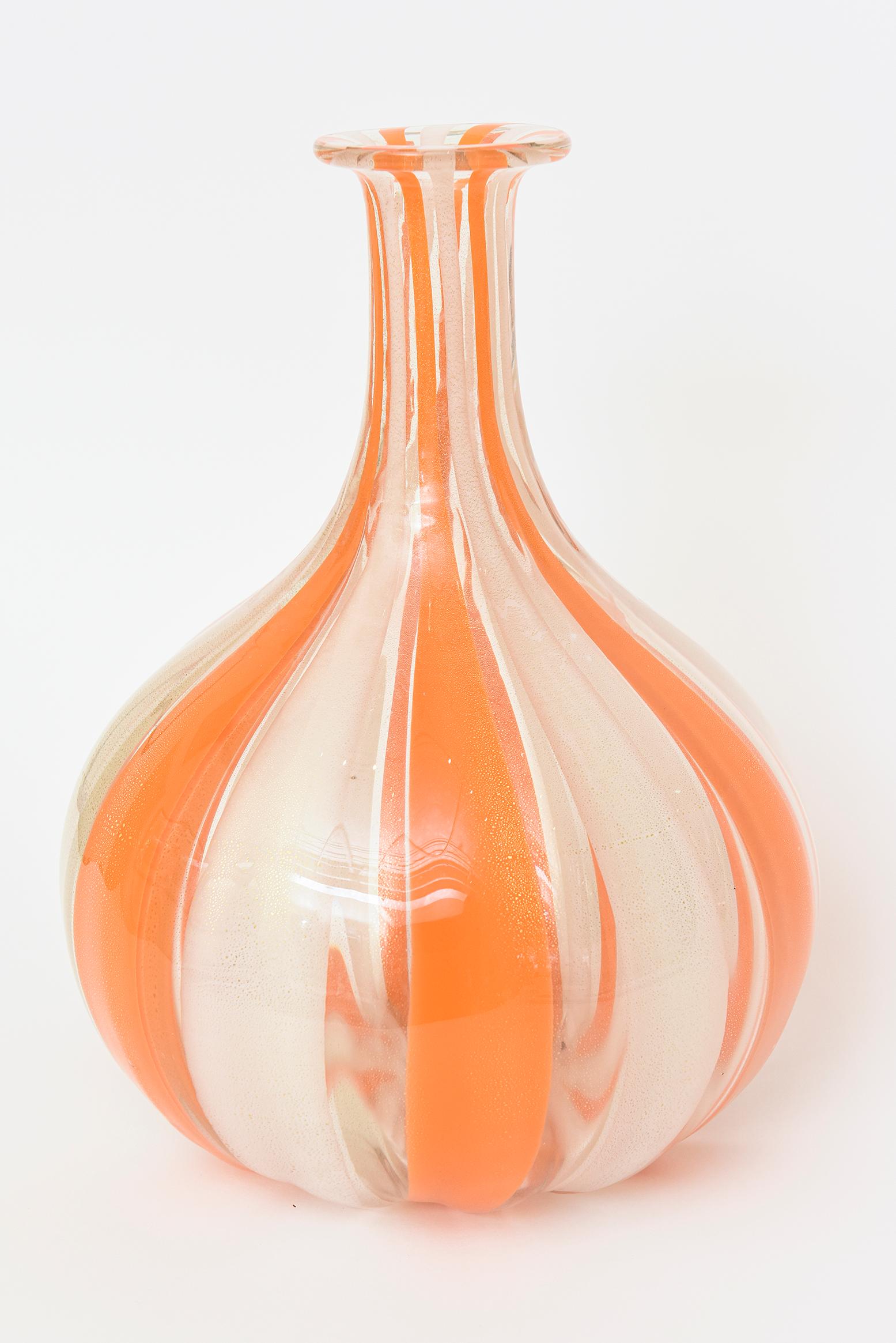 Blown Glass Vintage Alfredo Barbini Orange, White Gold Aventurine Striped Vessel Bottle Vase