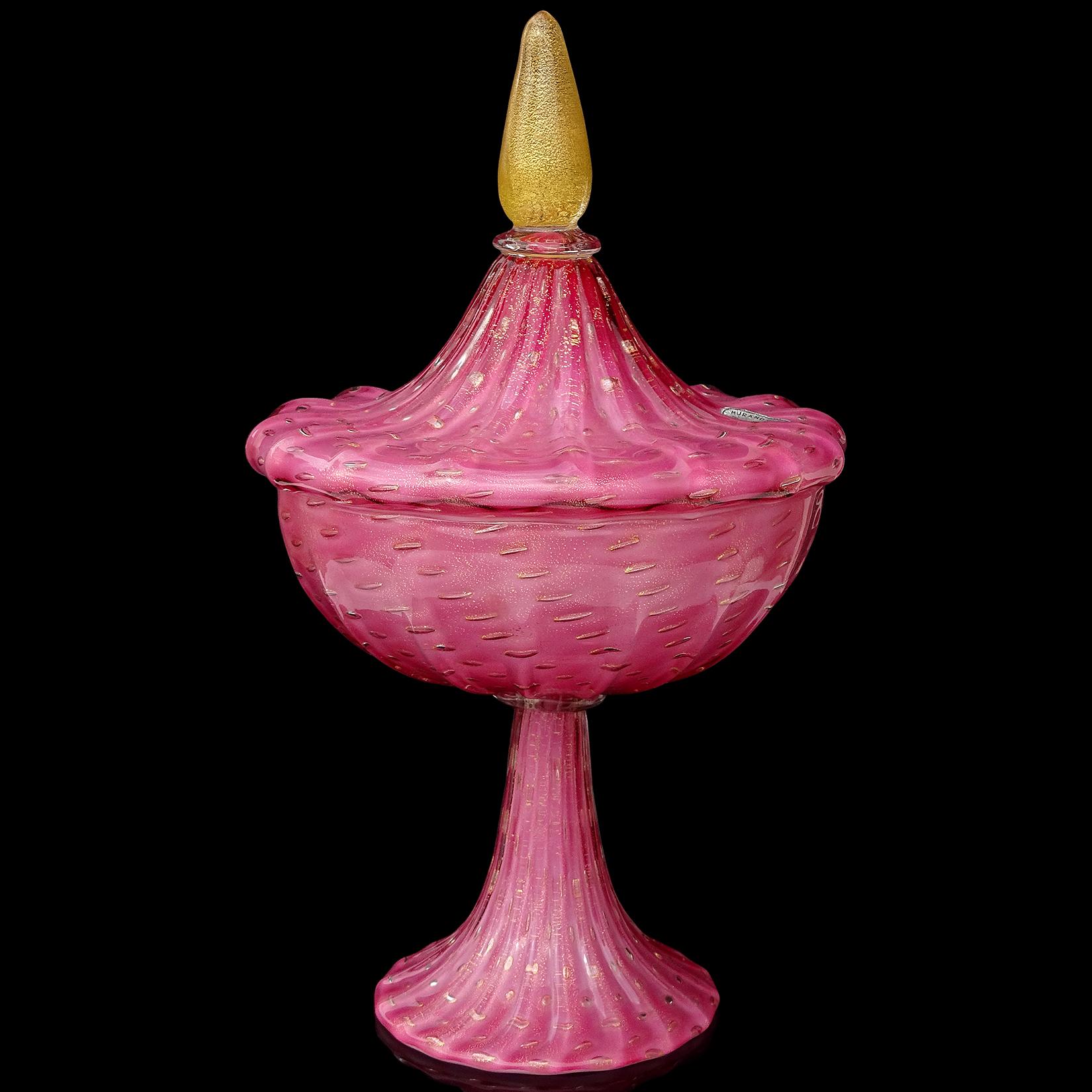 Gorgeous, large vintage Murano hand blown dark pink, blush color with gold flecks over white, Italian art glass ginger, cookie or candy jar. Attributed to designer Alfredo Barbini, for the Salviati company, circa 1950s. It has a silver 