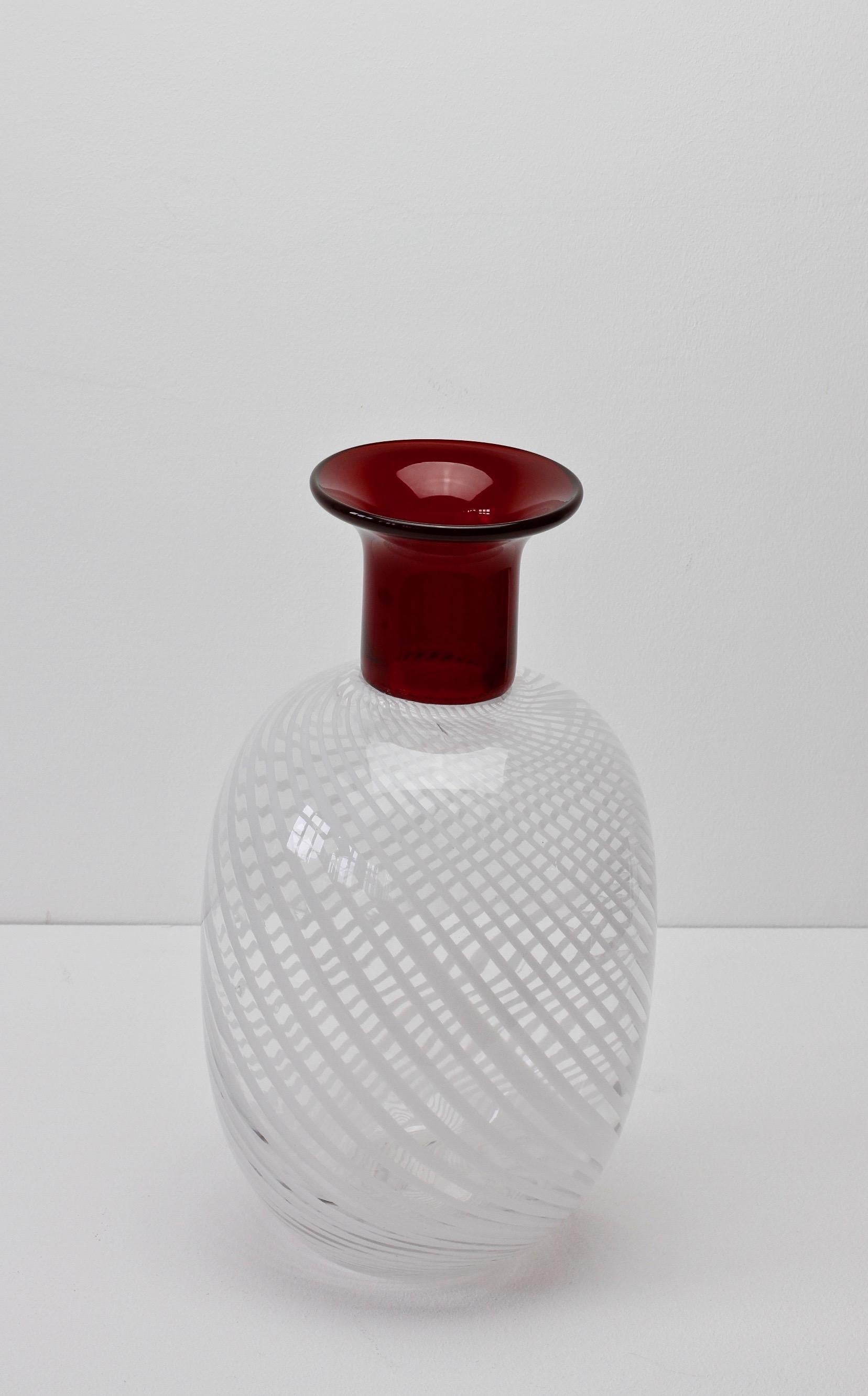 Italian Barbini Style Red Incalmo Murano Glass Vase with White Striped Inclusions, Italy
