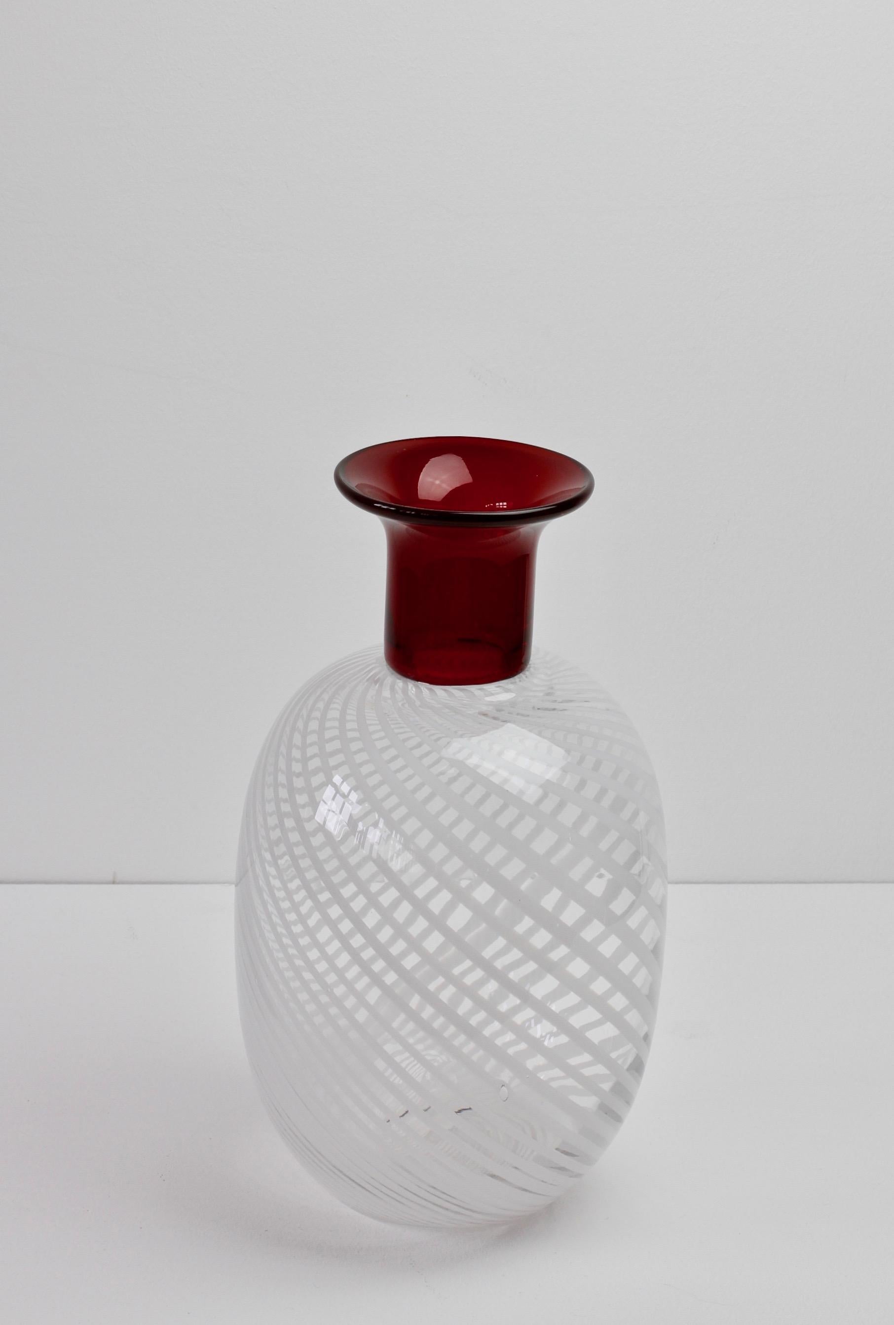 20th Century Barbini Style Red Incalmo Murano Glass Vase with White Striped Inclusions, Italy