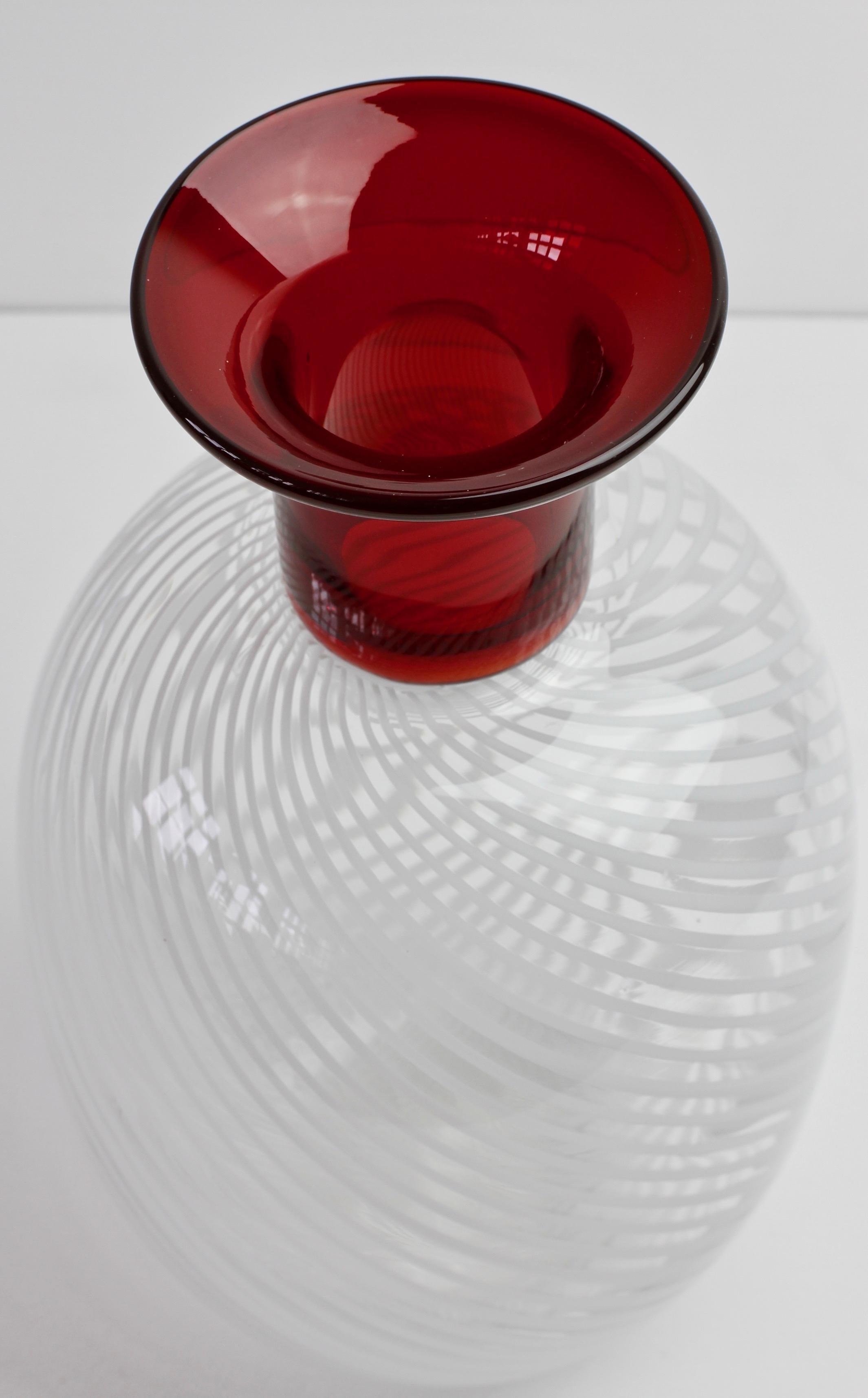 Barbini Style Red Incalmo Murano Glass Vase with White Striped Inclusions, Italy 1