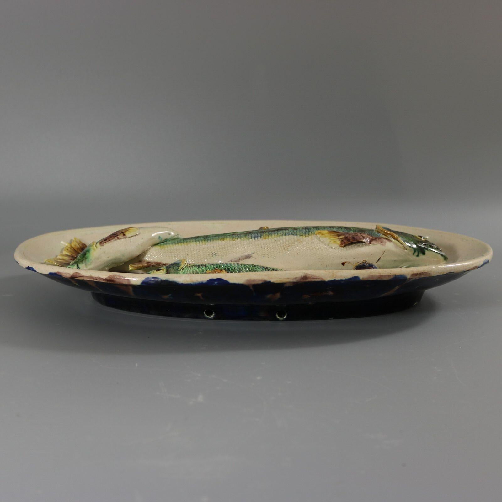 Late 19th Century Barbizet French Palissy Majolica Platter with Fish For Sale