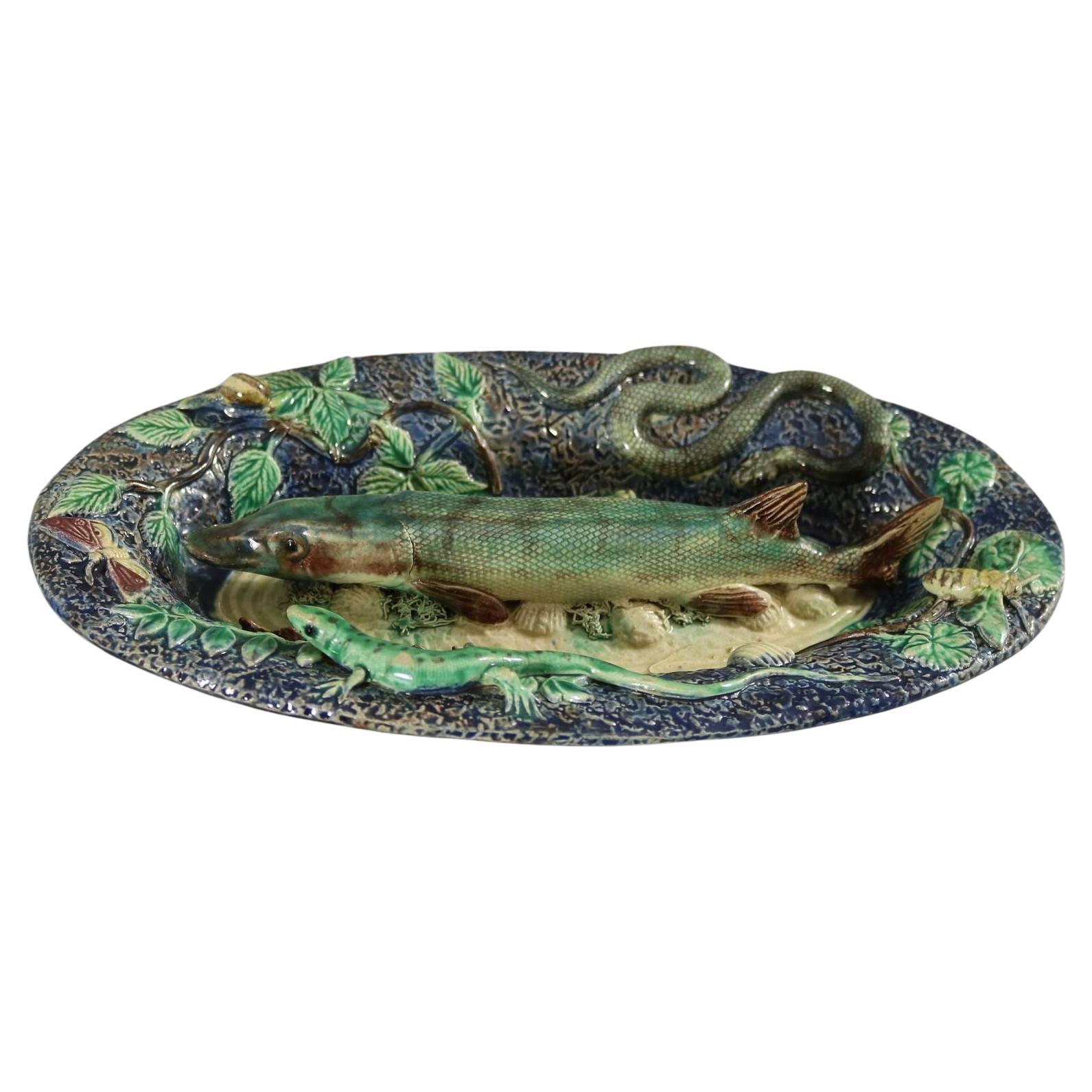 Barbizet Palissy Majolica Platter With Fish For Sale