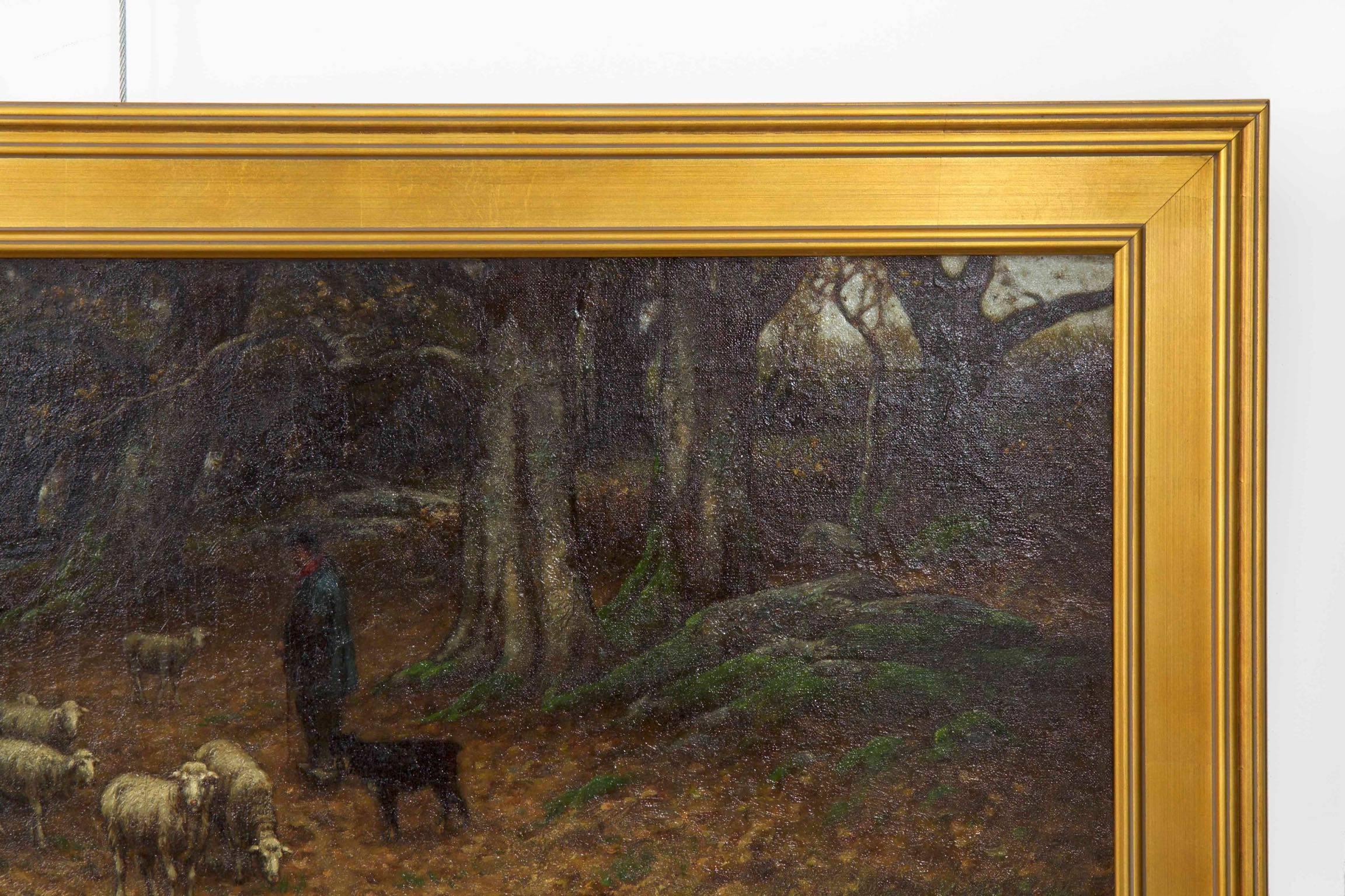 Barbizon Antique Landscape Oil Painting of Shepherd & Flock by Carleton Wiggins 3
