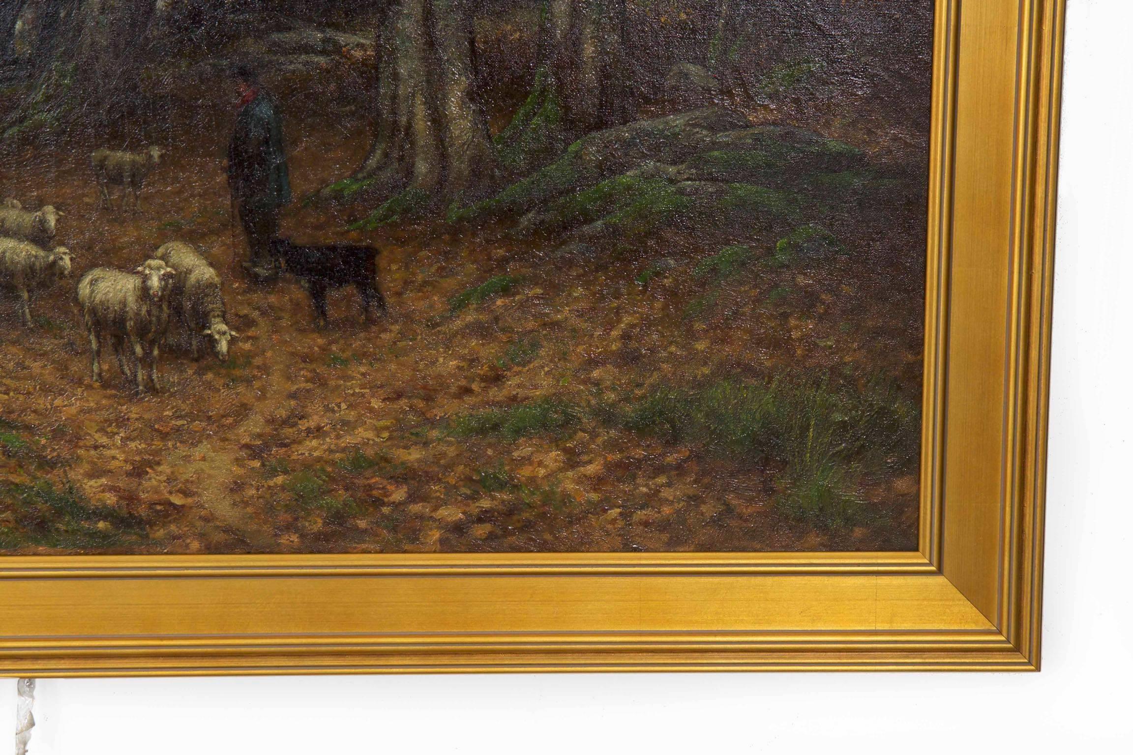 Barbizon Antique Landscape Oil Painting of Shepherd & Flock by Carleton Wiggins 4