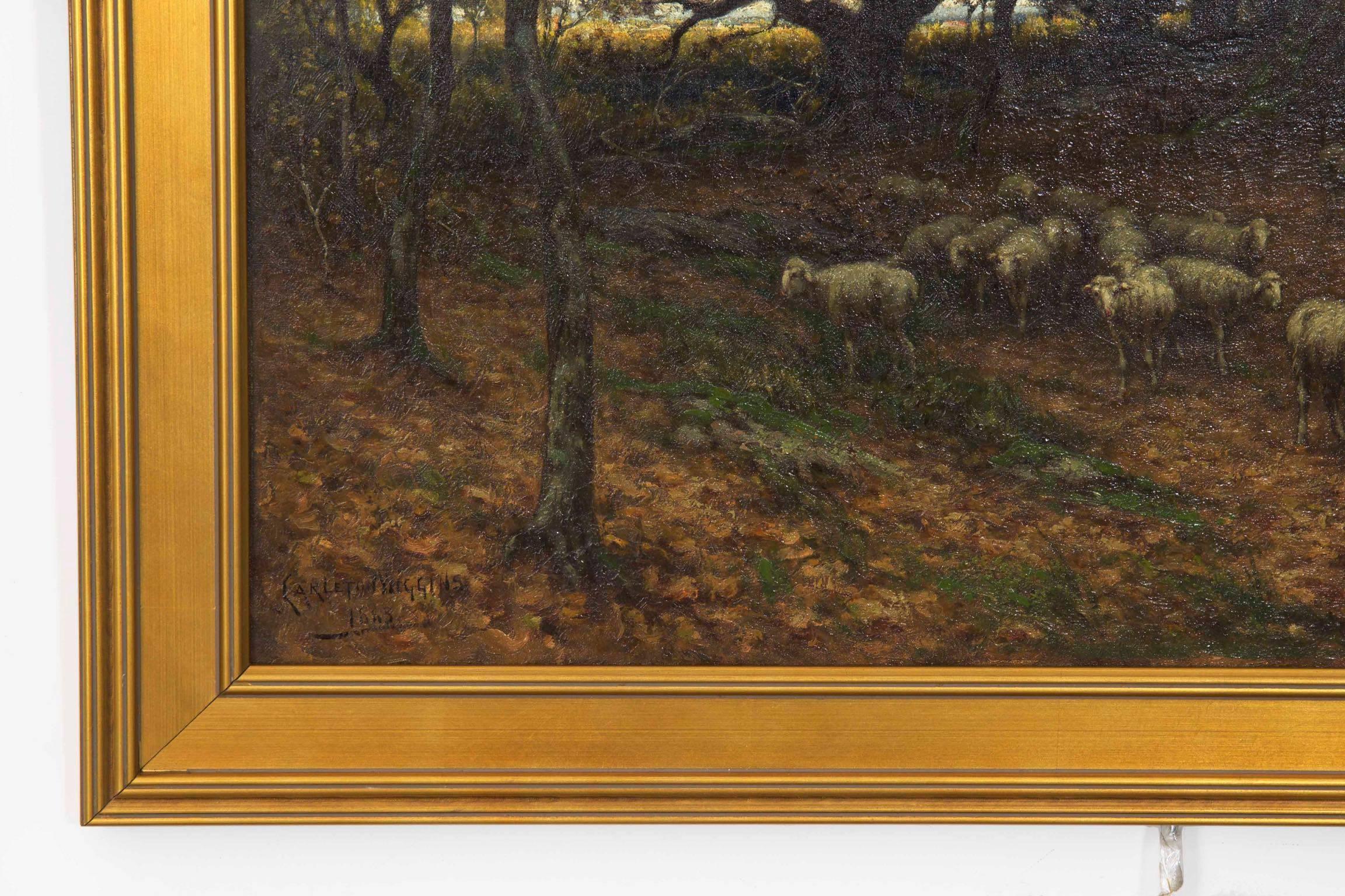 Barbizon Antique Landscape Oil Painting of Shepherd & Flock by Carleton Wiggins 5